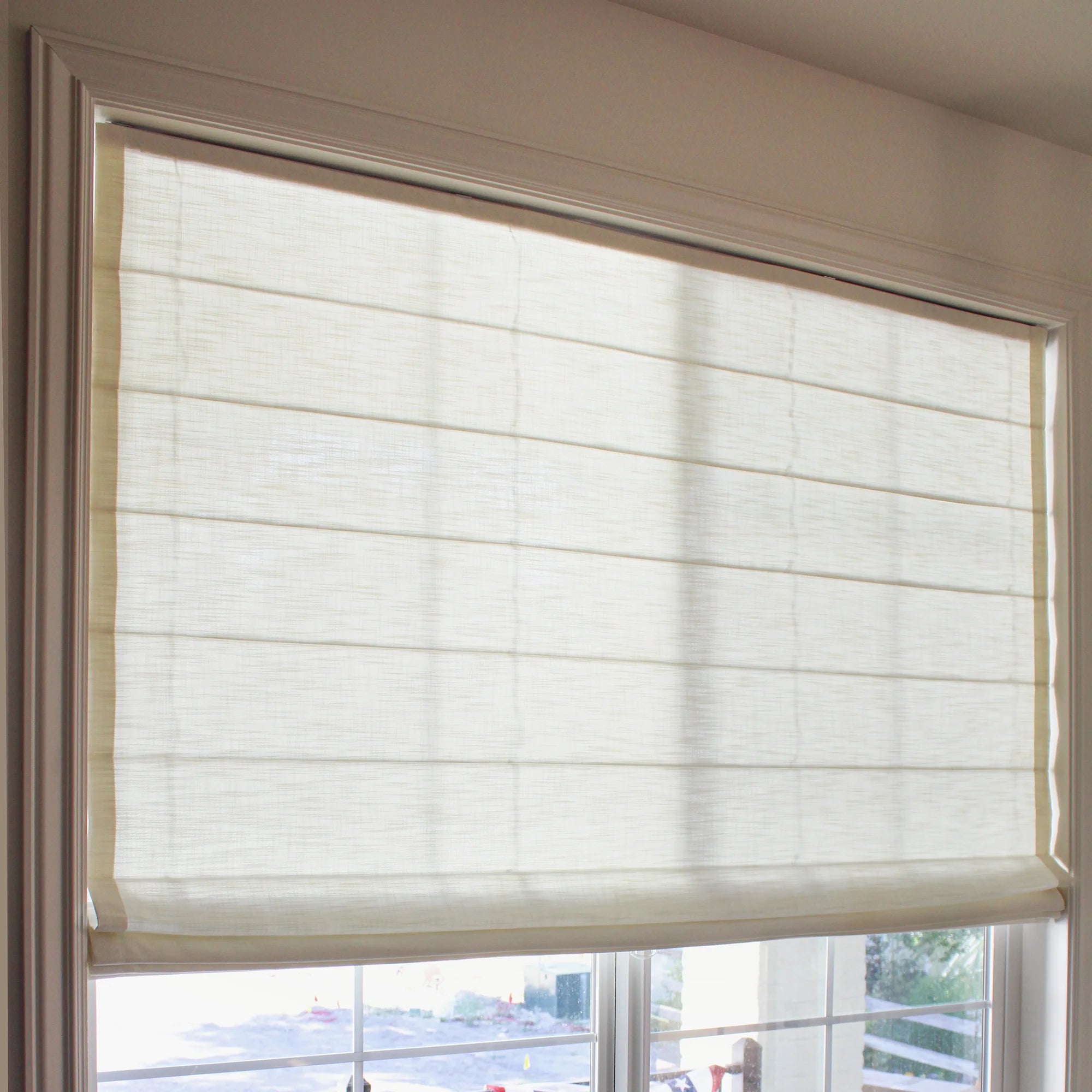 Celina Light Beige Linen Curtains for Roman Shades: Image 8823-1-3 features premium light beige linen fabric, clean tailored folds, subtle light filtering effect, and refined window styling in a modern interior