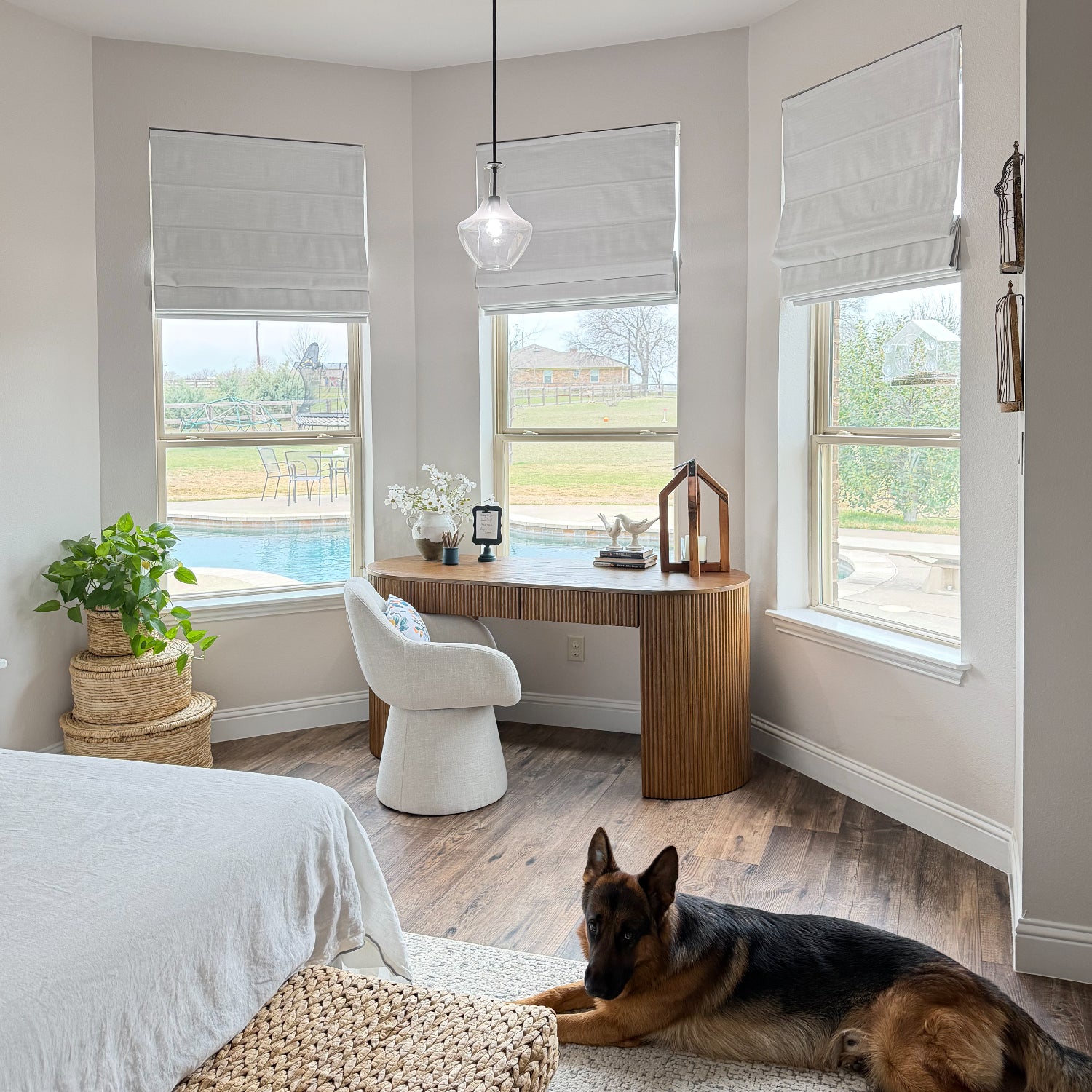 A modern bedroom corner with a wooden desk, white chair, large windows with Roman shades, a dog lying on the floor, and a view of a pool outside.