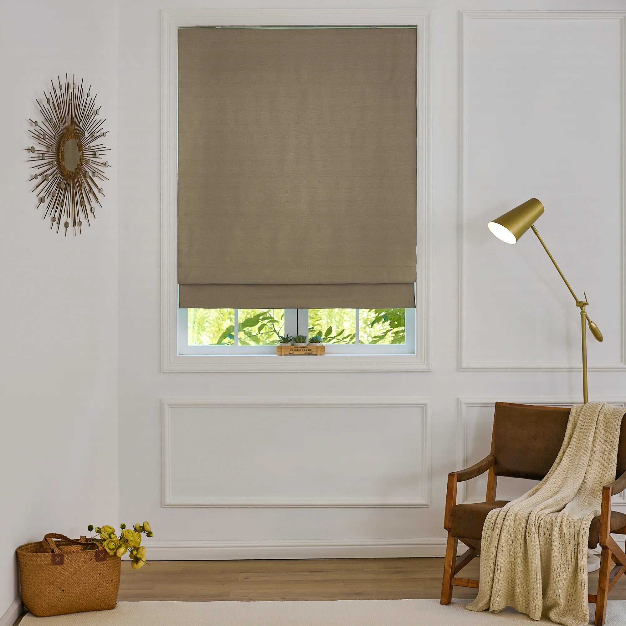 Celina Pale Olive Green Linen Curtains: Image 8823-20_scene_1 features the pale olive green linen roman shade with neat folds and sophisticated light control.