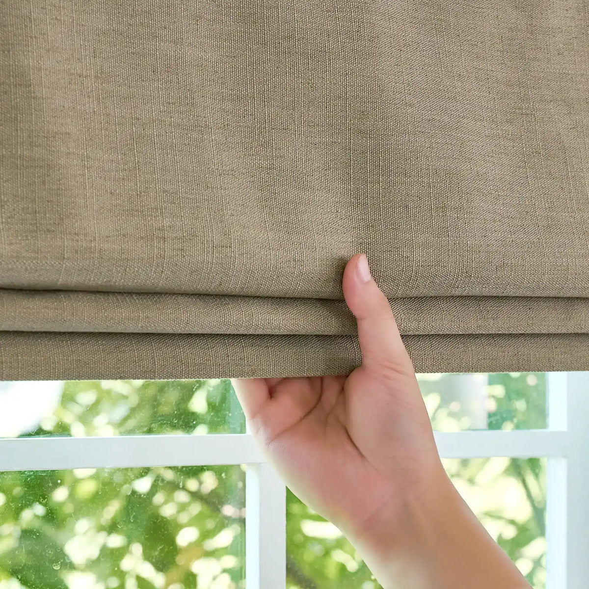 Celina Pale Olive Green Linen Curtains: Image 8823-20_scene_10 features the pale olive green linen roman shade with neat folds and sophisticated light control.
