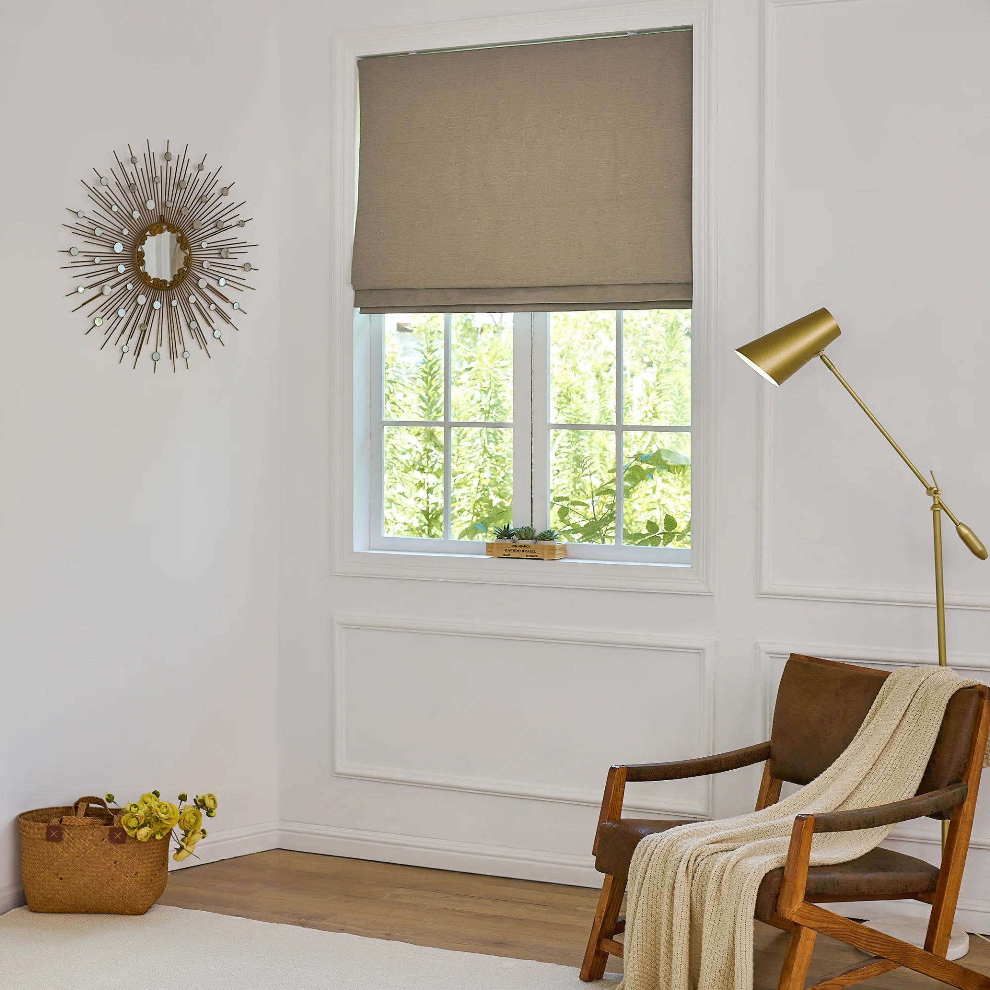 Celina Pale Olive Green Linen Curtains: Image 8823-20_scene_3 features the pale olive green linen roman shade with neat folds and sophisticated light control.