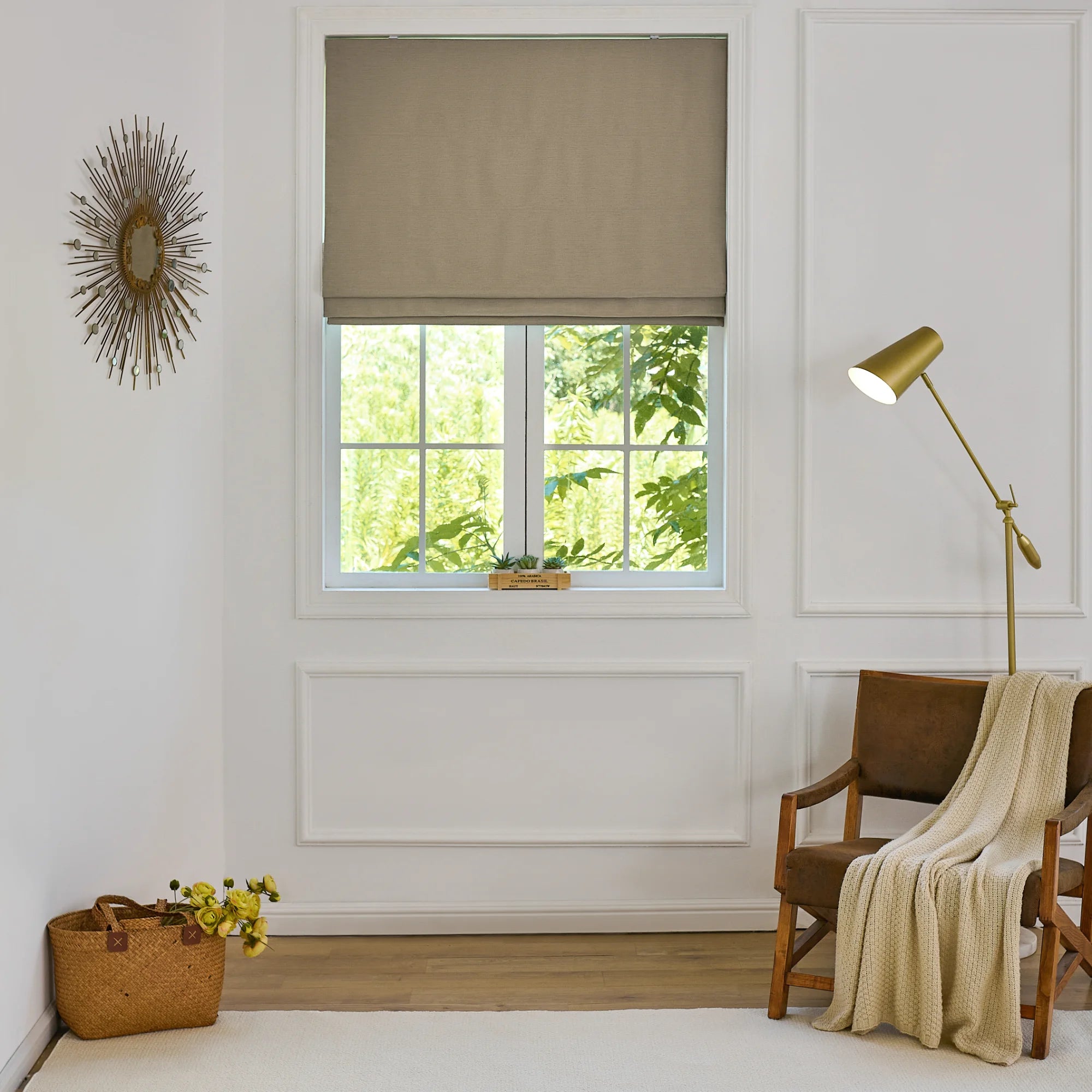 Celina Pale Olive Green Linen Curtains: Image 8823-20_scene_7 features the pale olive green linen roman shade with neat folds and gentle light control.