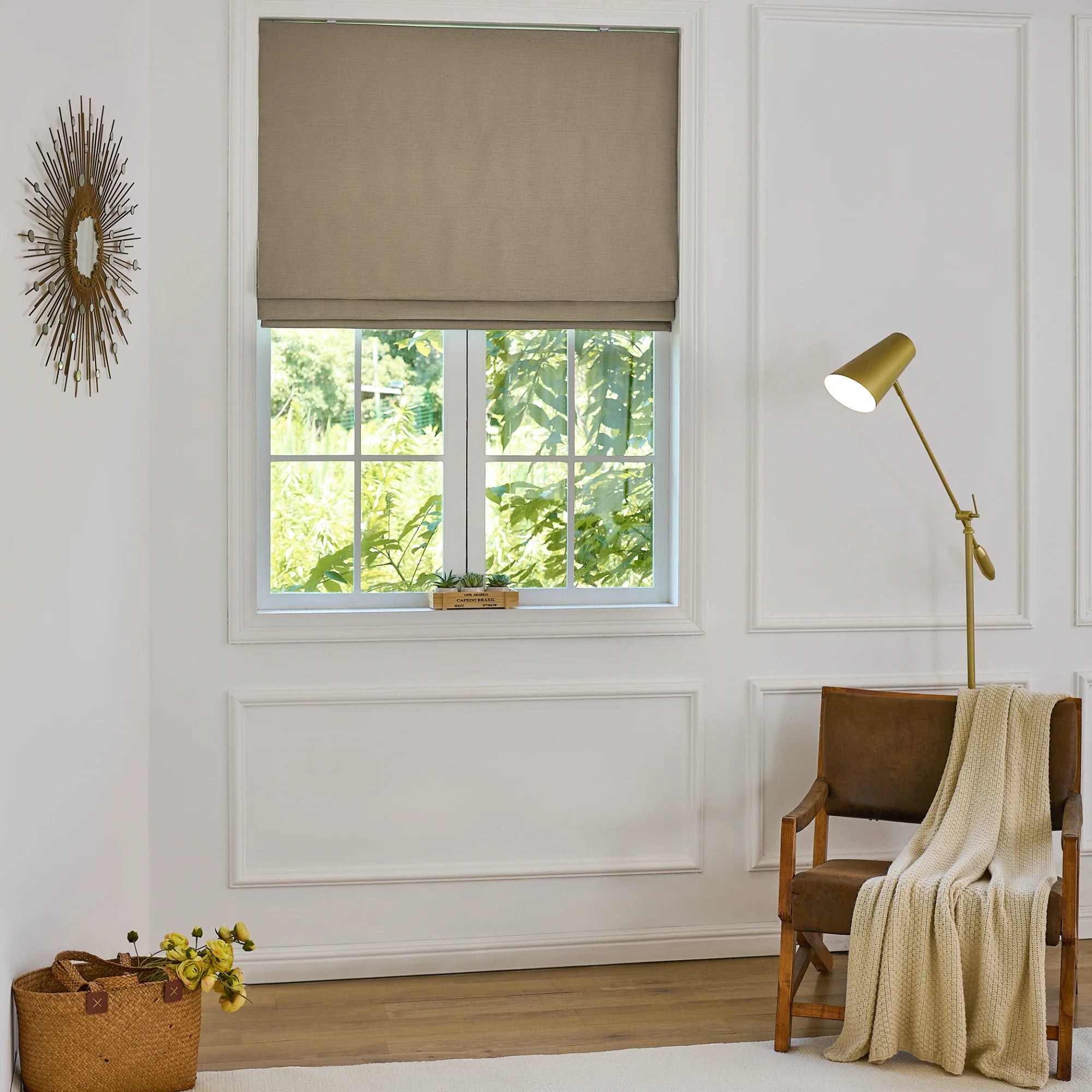 Celina Pale Olive Green Linen Curtains: Image 8823-20_scene_8 features the pale olive green linen roman shade with neat folds and sophisticated light control.