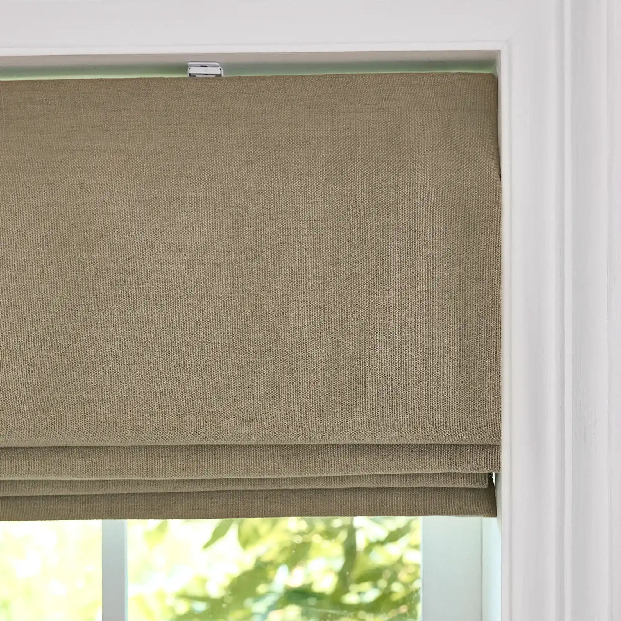 Celina Pale Olive Green Linen Curtains: Image 8823-20_scene_9 features the pale olive green linen roman shade with neat folds and sophisticated light control.