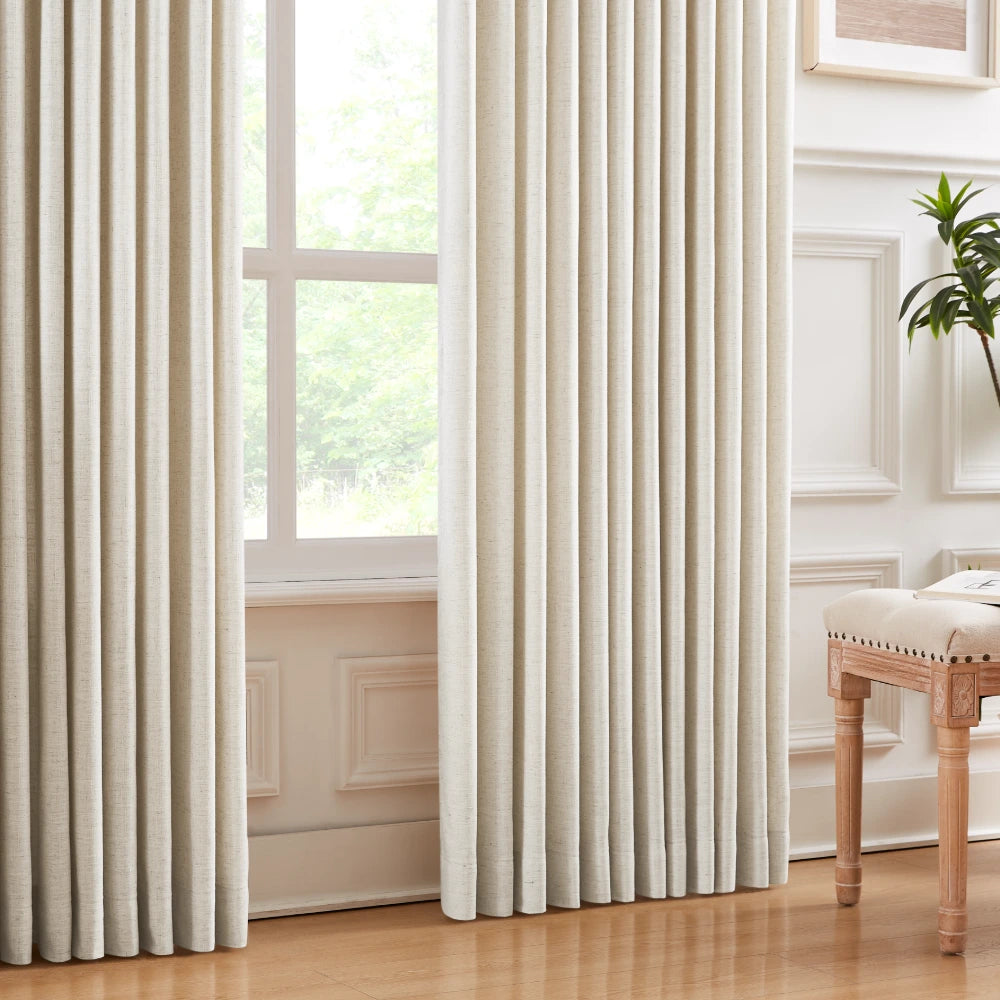 Celina extra long linen curtains for large windows , elegant linen drapes showcased in a cozy living room highlighting the curtain details