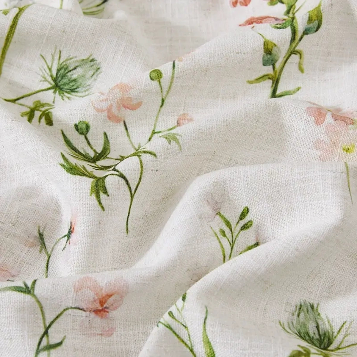 Cerys Spring Bloom Pink Floral and Foliage Print Linen Roman Shades: Image H-009_detail_2 highlights the delicate pink floral and foliage print details, soft natural linen texture and exquisite craftsmanship of the roman shade.