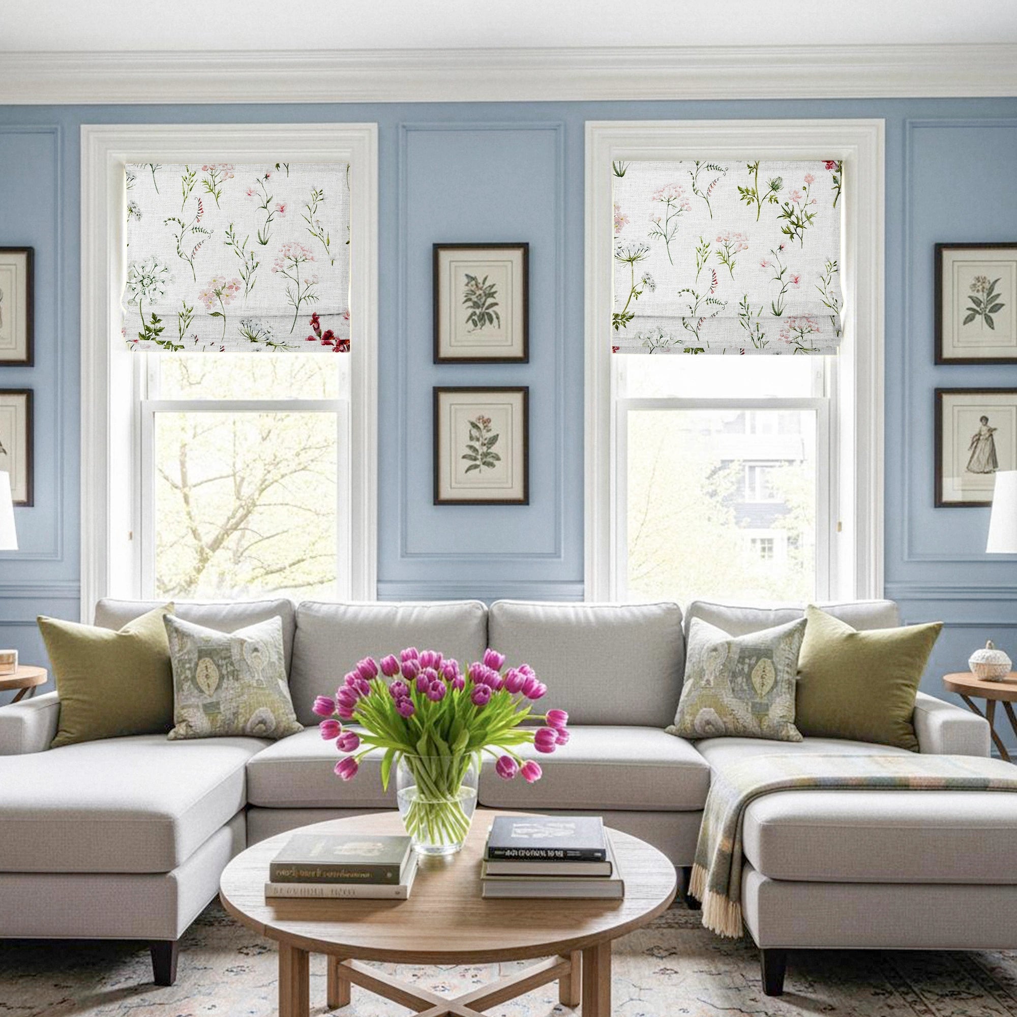 Cerys Spring Bloom Pink Floral and Foliage Print Linen Roman Shades: Image H-009_scene_1 showcases the roman shade with fresh spring bloom pink floral and foliage print, natural linen fabric and elegant home scene display.