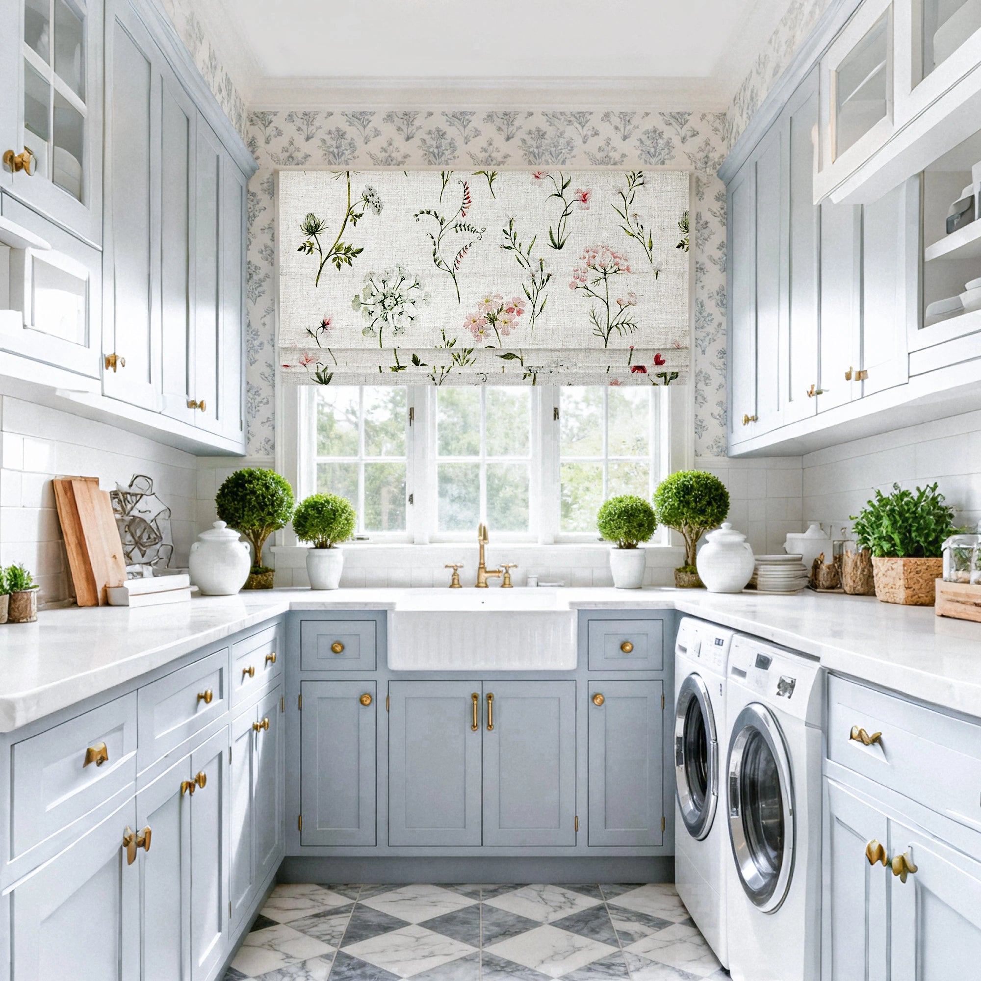 Cerys Spring Bloom Pink Floral and Foliage Print Linen Roman Shades: Image H-009_scene_2 showcases the roman shade with fresh spring bloom pink floral and foliage print, natural linen fabric and elegant home scene display.
