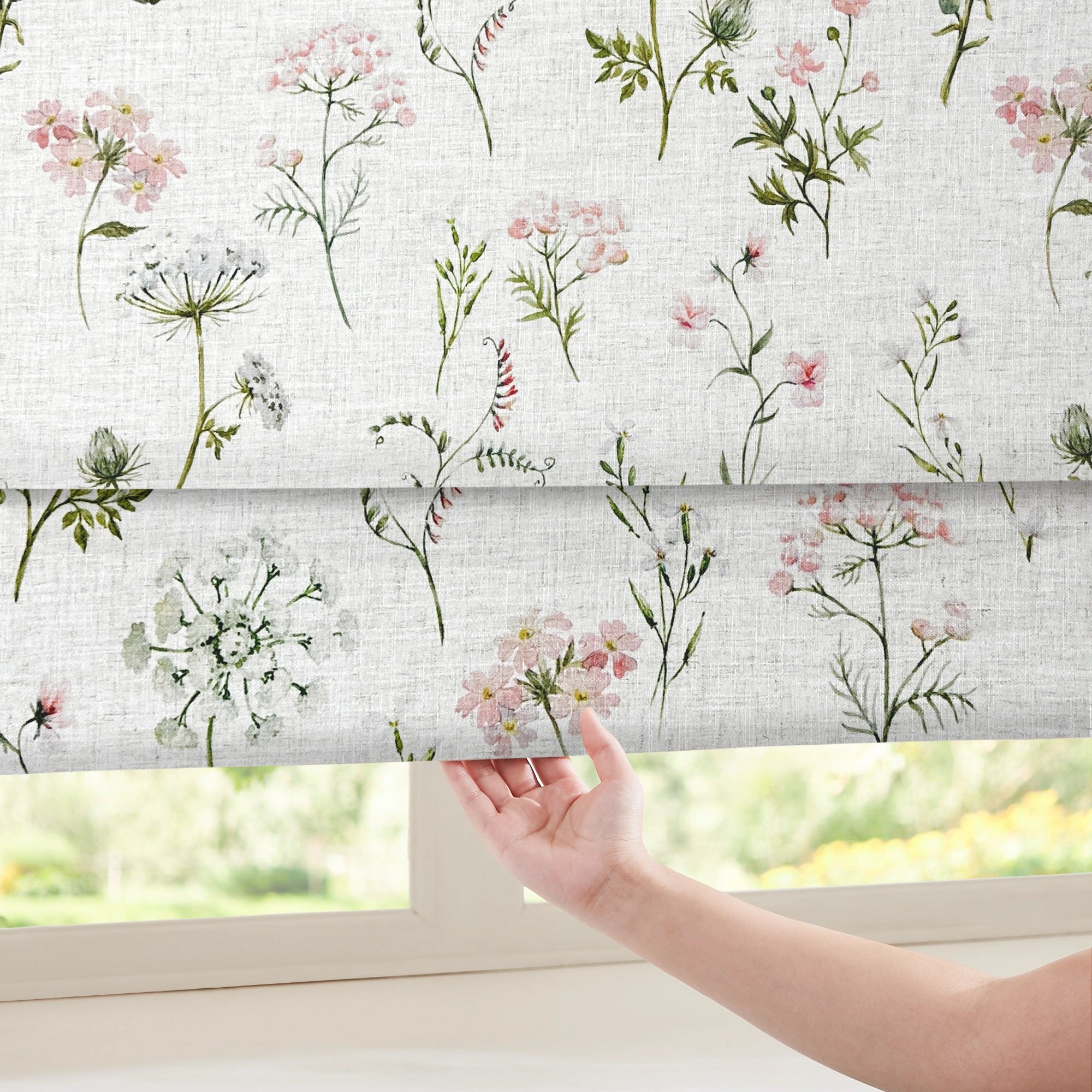Cerys Spring Bloom Pink Floral and Foliage Print Linen Roman Shades: Image H-009_scene_3 showcases the roman shade with fresh spring bloom pink floral and foliage print, natural linen fabric and elegant home scene display.