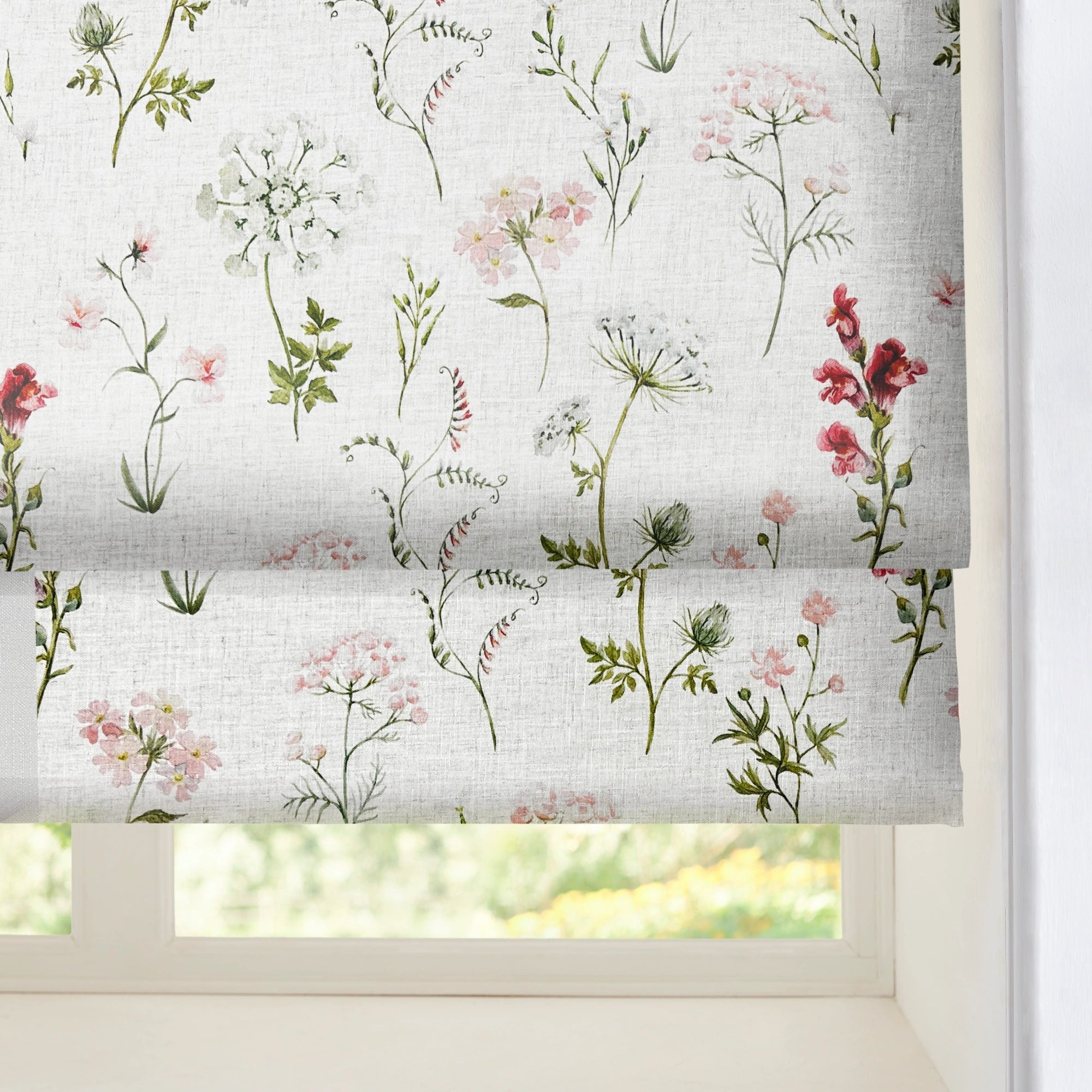 Cerys Spring Bloom Pink Floral and Foliage Print Linen Roman Shades: Image H-009_scene_4 showcases the roman shade with fresh spring bloom pink floral and foliage print, natural linen fabric and elegant home scene display.