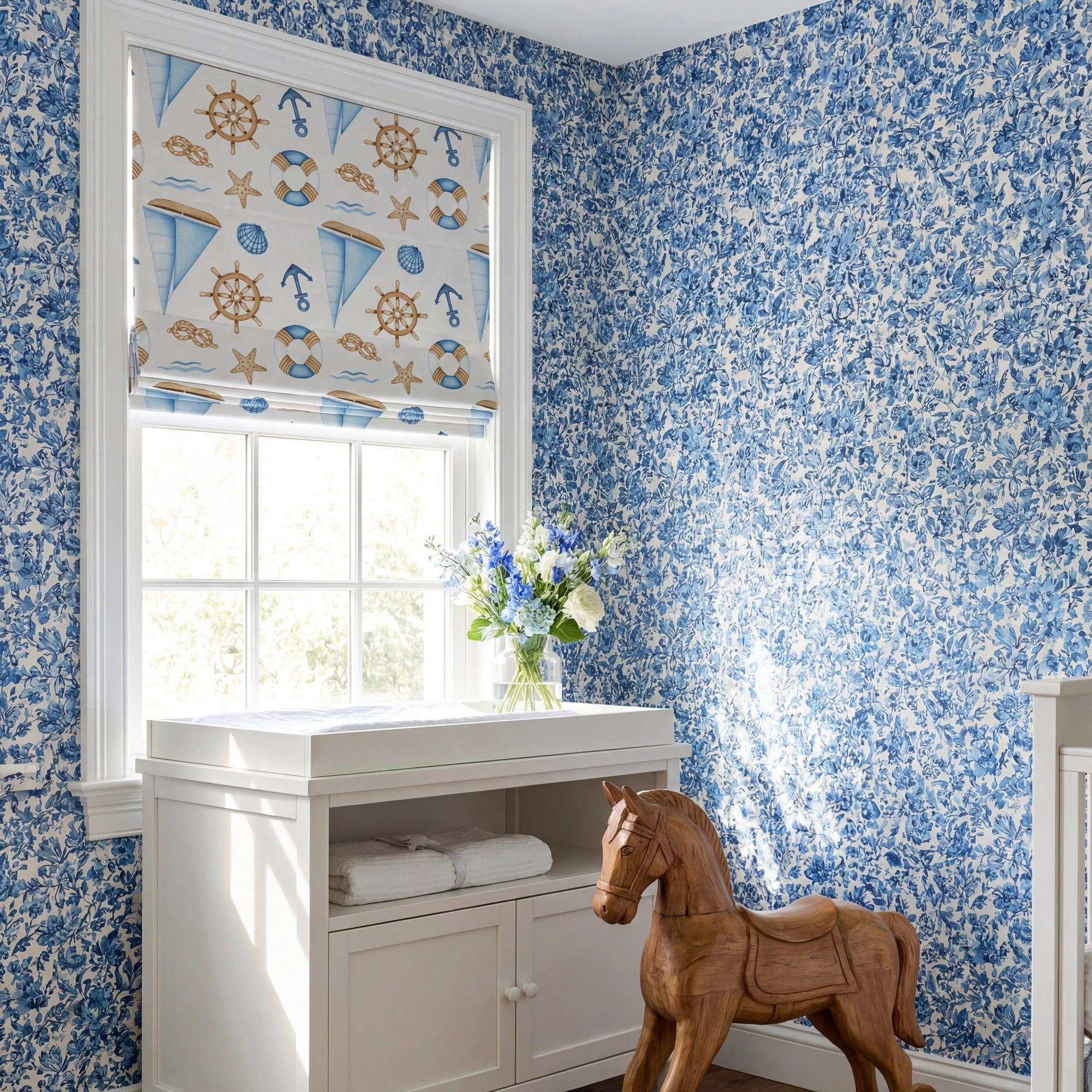 Cora Ahoy Nautical Print Pattern Roman Shades: Image scene_1 showcases the roman shade with classic nautical print pattern, high-quality fabric and stylish home scene display.