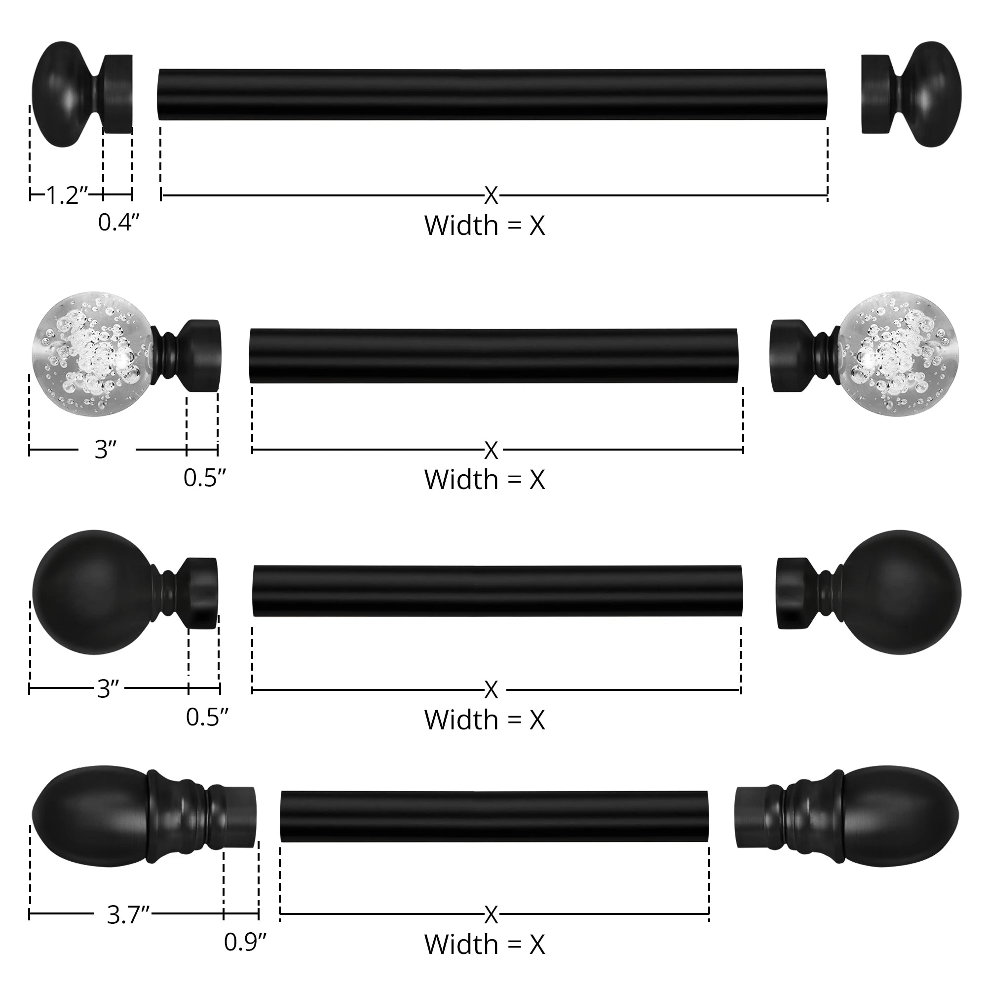Collins Single Decorative Custom Curtain Rods Rods-5, detailed view illustrating the width calculation method for the decorative custom curtain rod