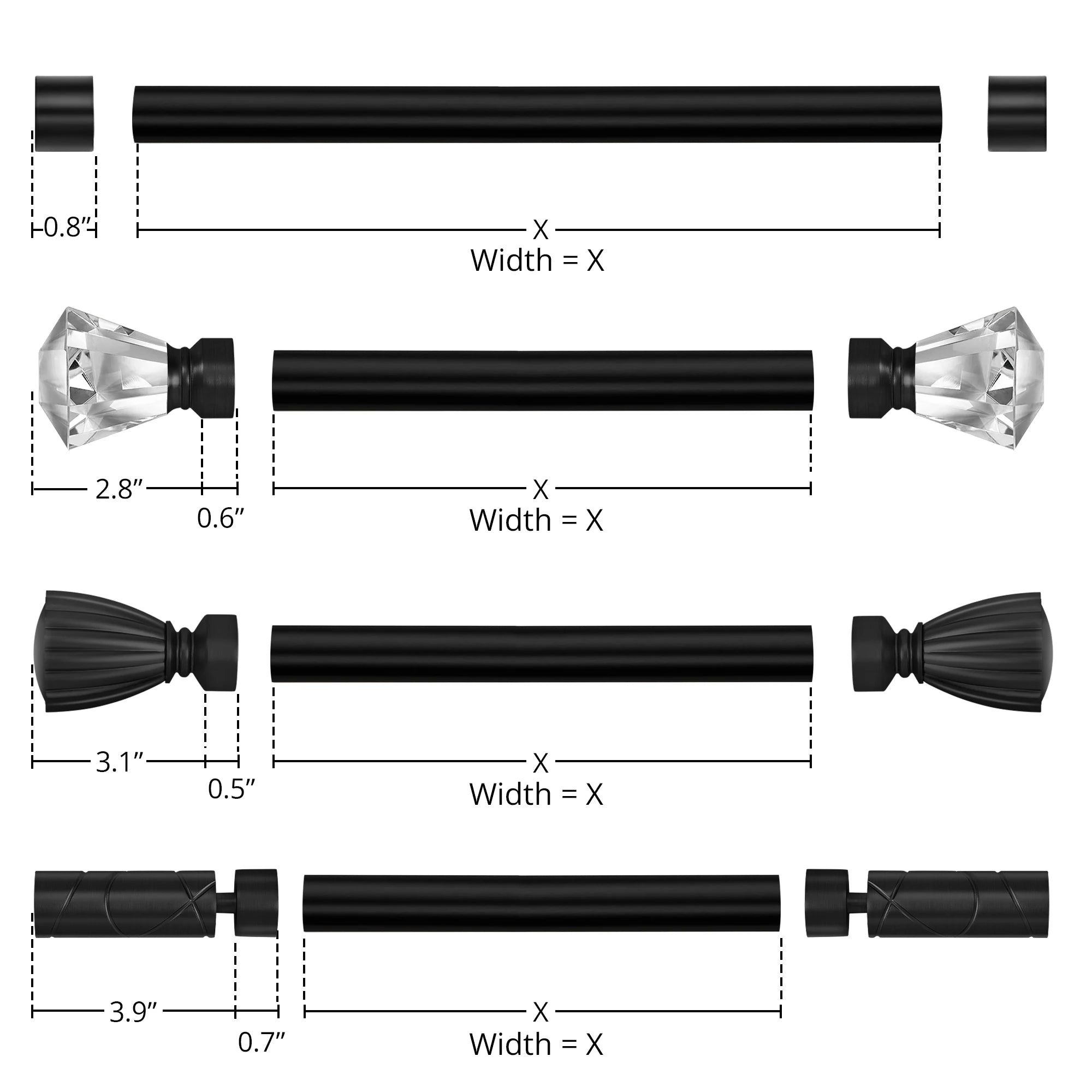 Collins Single Decorative Custom Curtain Rods Rods-6, detailed view illustrating the width calculation method for the decorative custom curtain rod