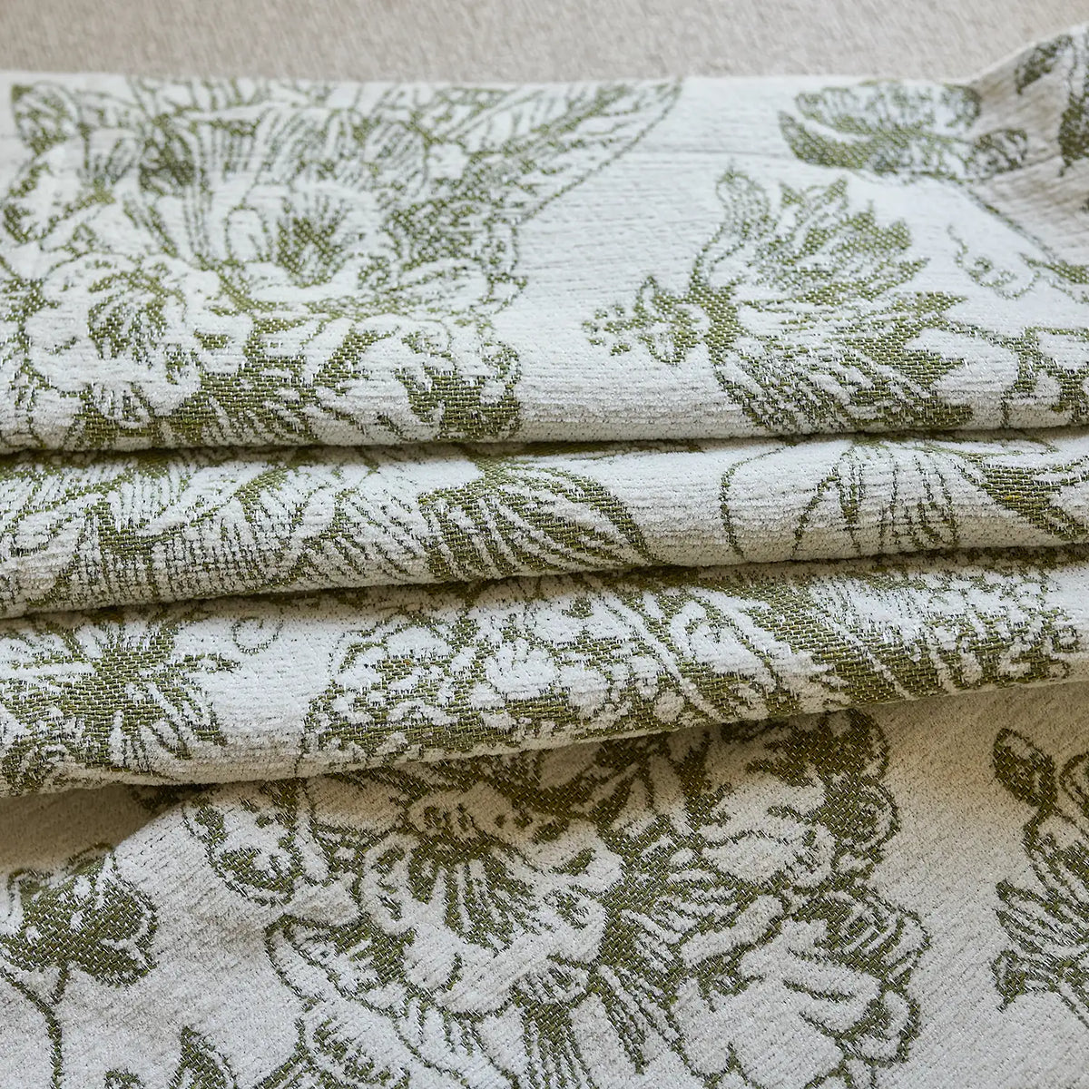 Cymbel H-002_detail_1 green vintage floral jacquard chenille blackout drapes close-up showing detailed floral pattern and soft chenille texture