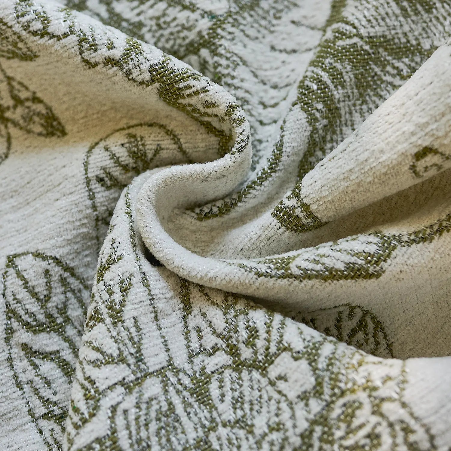 Cymbel H-002_detail_3 green vintage floral jacquard chenille blackout drapes close-up showing detailed floral pattern and soft chenille texture