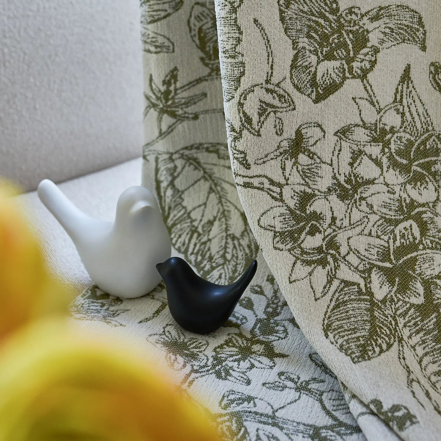 Cymbel H-002_detail_4 green vintage floral jacquard chenille blackout drapes close-up showing detailed floral pattern and soft chenille texture