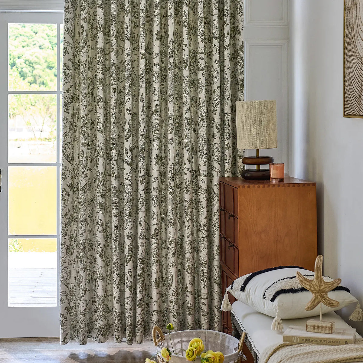 Cymbel H-002_scene_2 green vintage floral jacquard chenille blackout drapes, styled in a bright living room setting showcasing full window coverage and elegant home decor