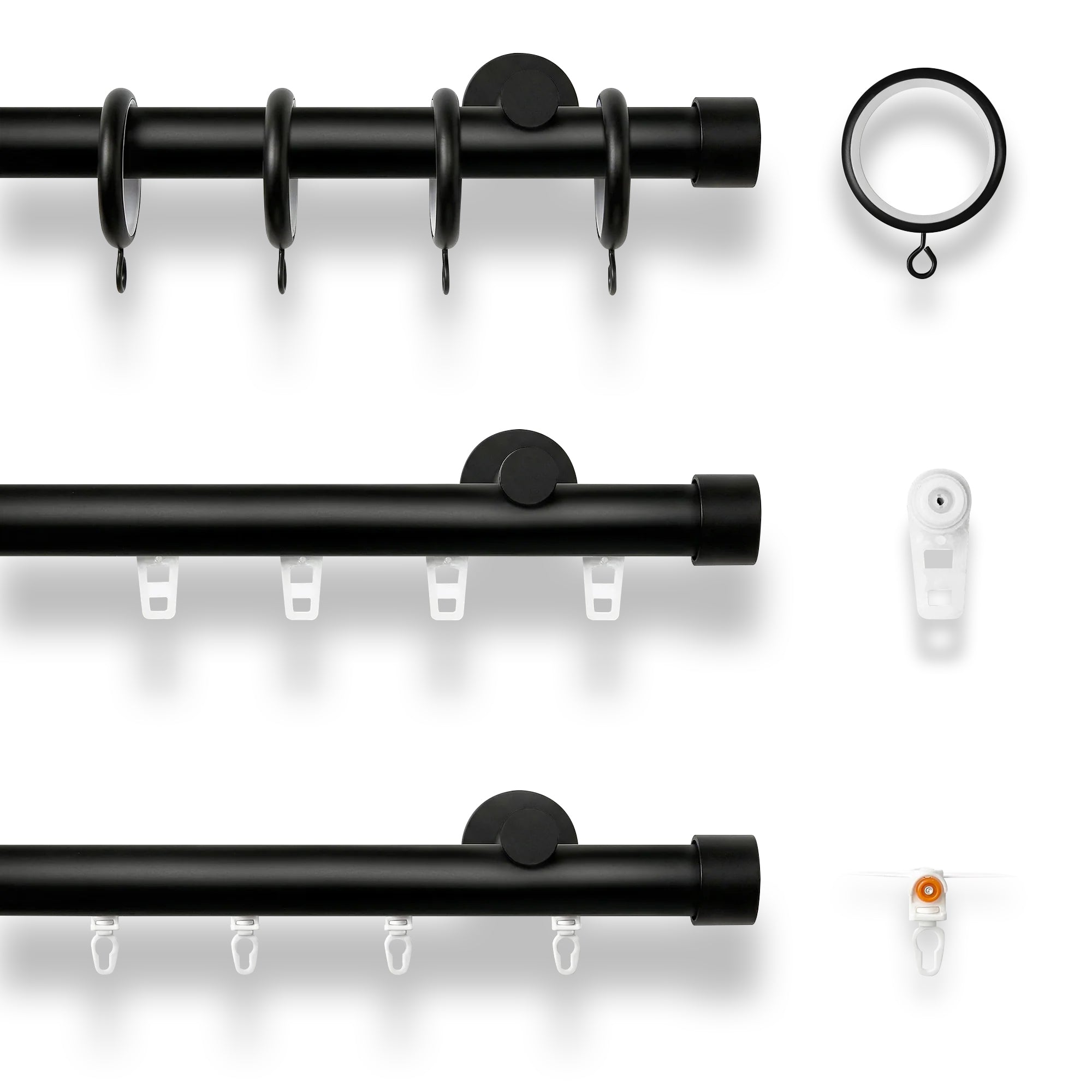 Darian single custom traverse curtain rod for bay windows showcasing the required roller accessories, Rod-1 product detail view