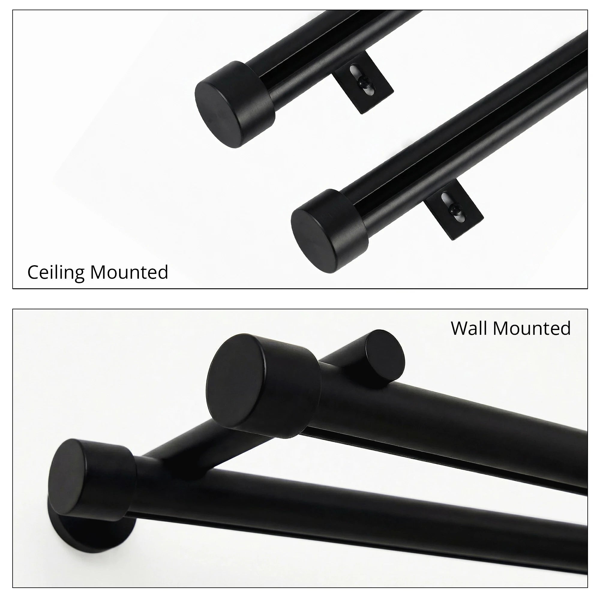 Darian Single Custom Traverse Curtain Rod in Matte Black finish showing rod compatible with different curtain header styles and traverse functionality