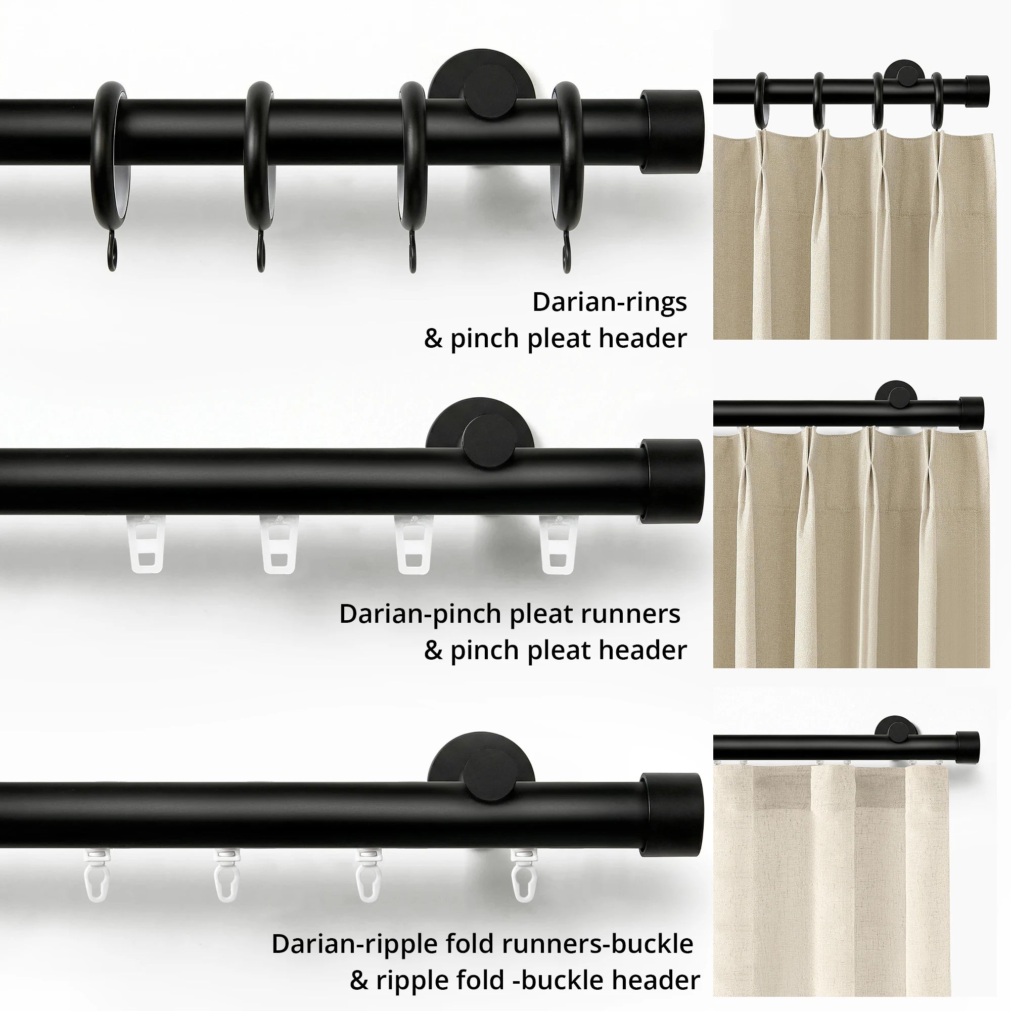 Darian Single Custom Traverse Curtain Rod in Matte Black finish showing rod compatible with different curtain header styles and traverse functionality
