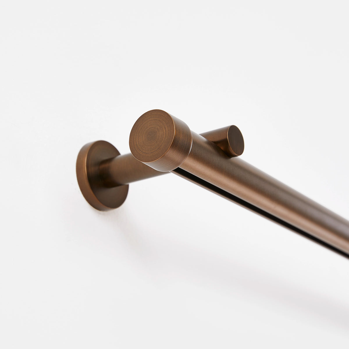 Darian Single Custom Traverse Curtain Rod Rod-21 in Antique Bronze finish showing detailed view of traverse curtain rod