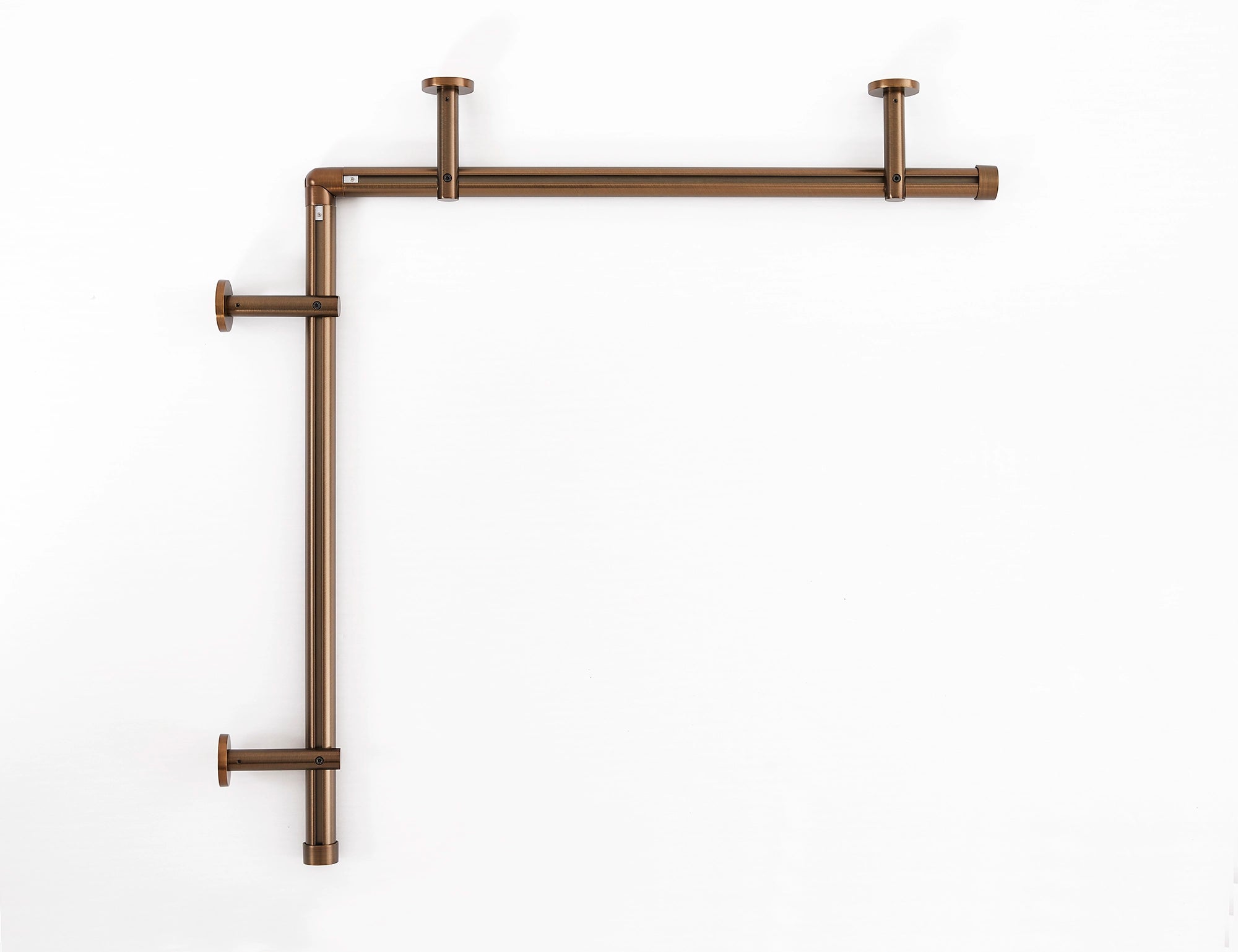 Darian Single Custom Traverse Curtain Rod in Antique Bronze finish showing floor plan view of rod with connector usage at wall corners demonstration