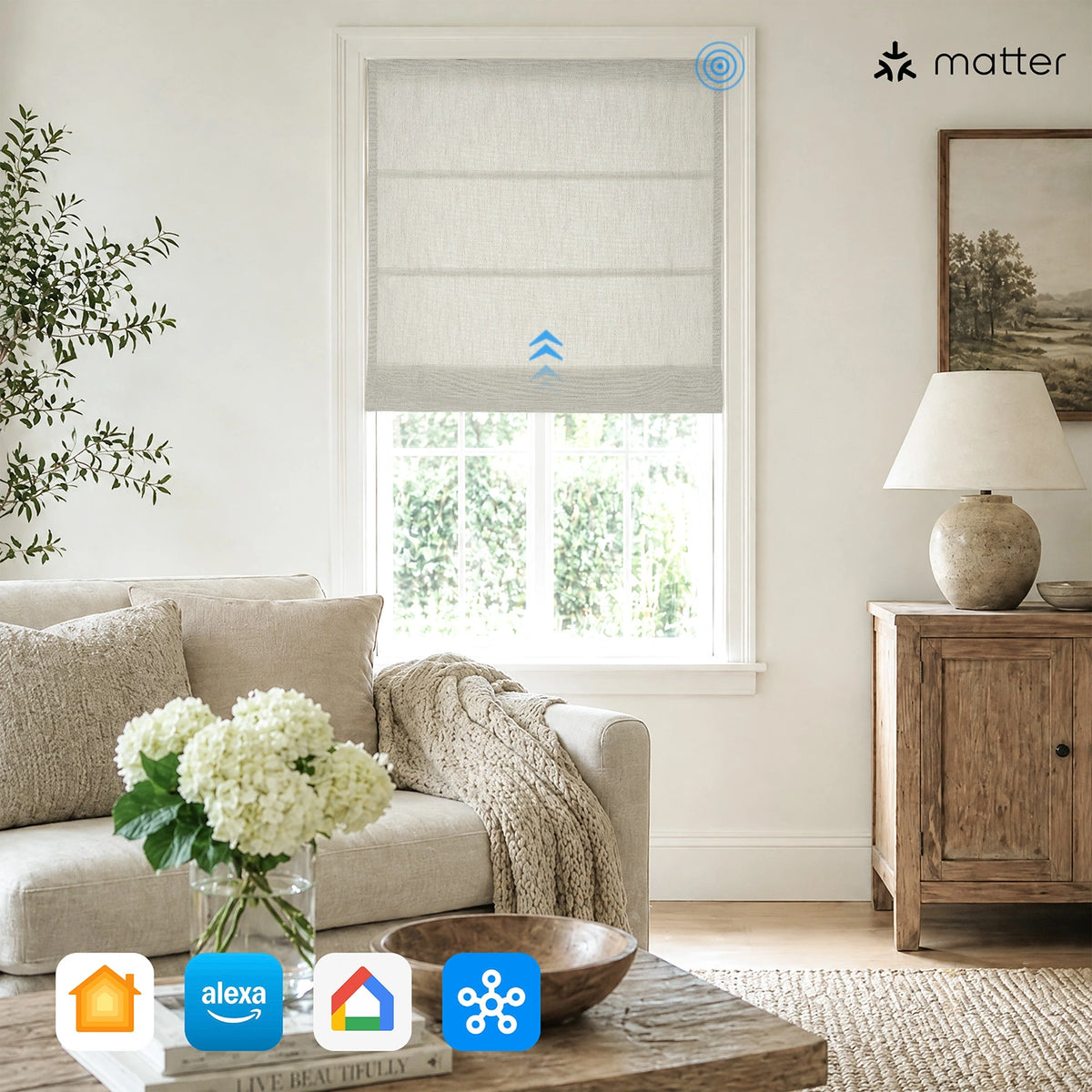 Delsia Smart Motorized Linen Blend Light Filtering Roman Shades