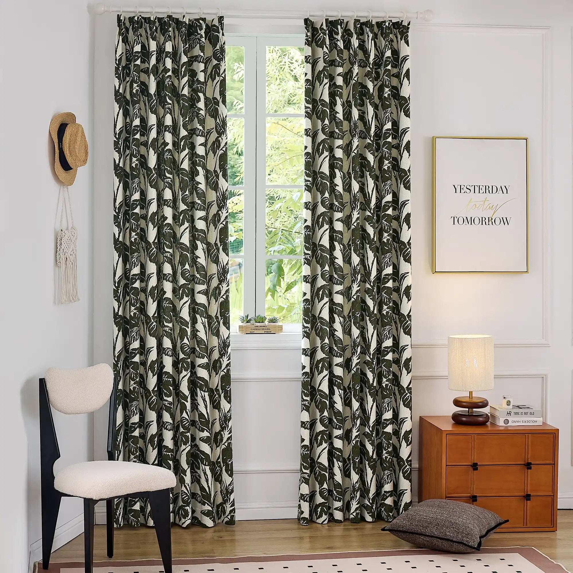 Eirlys Deep Green Tropical Leaves Jacquard Chenille Drapes