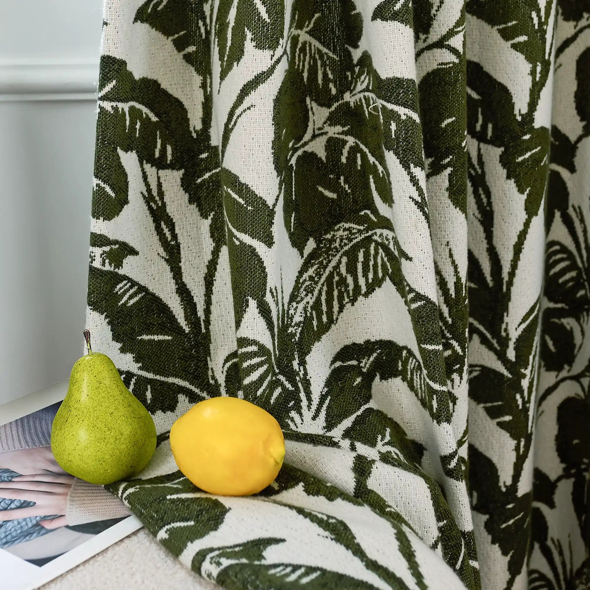 Eirlys Deep Green Tropical Leaves Jacquard Chenille Drapes