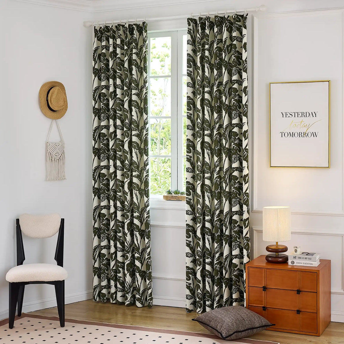 Eirlys Deep Green Tropical Leaves Jacquard Chenille Drapes