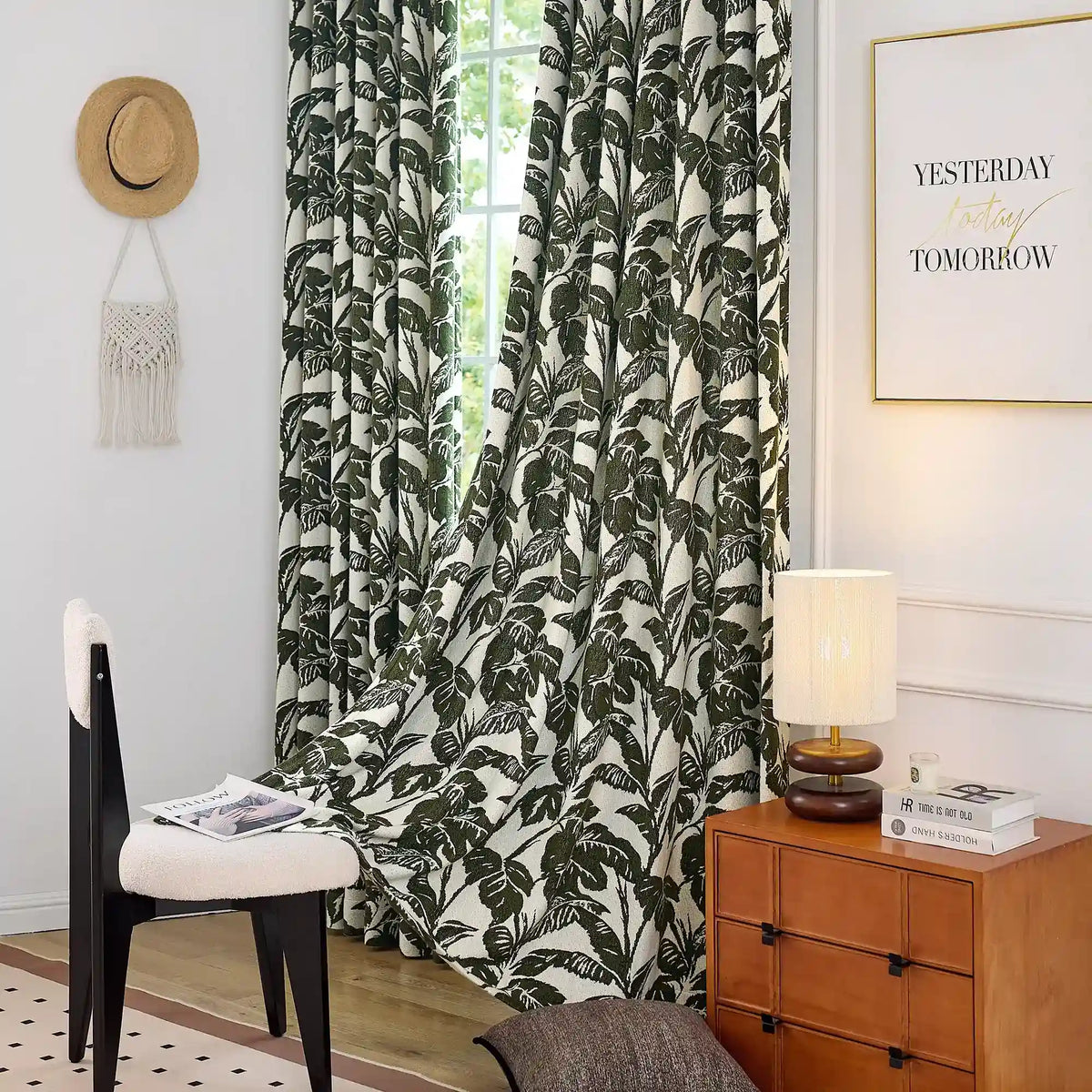 Eirlys Deep Green Tropical Leaves Jacquard Chenille Drapes
