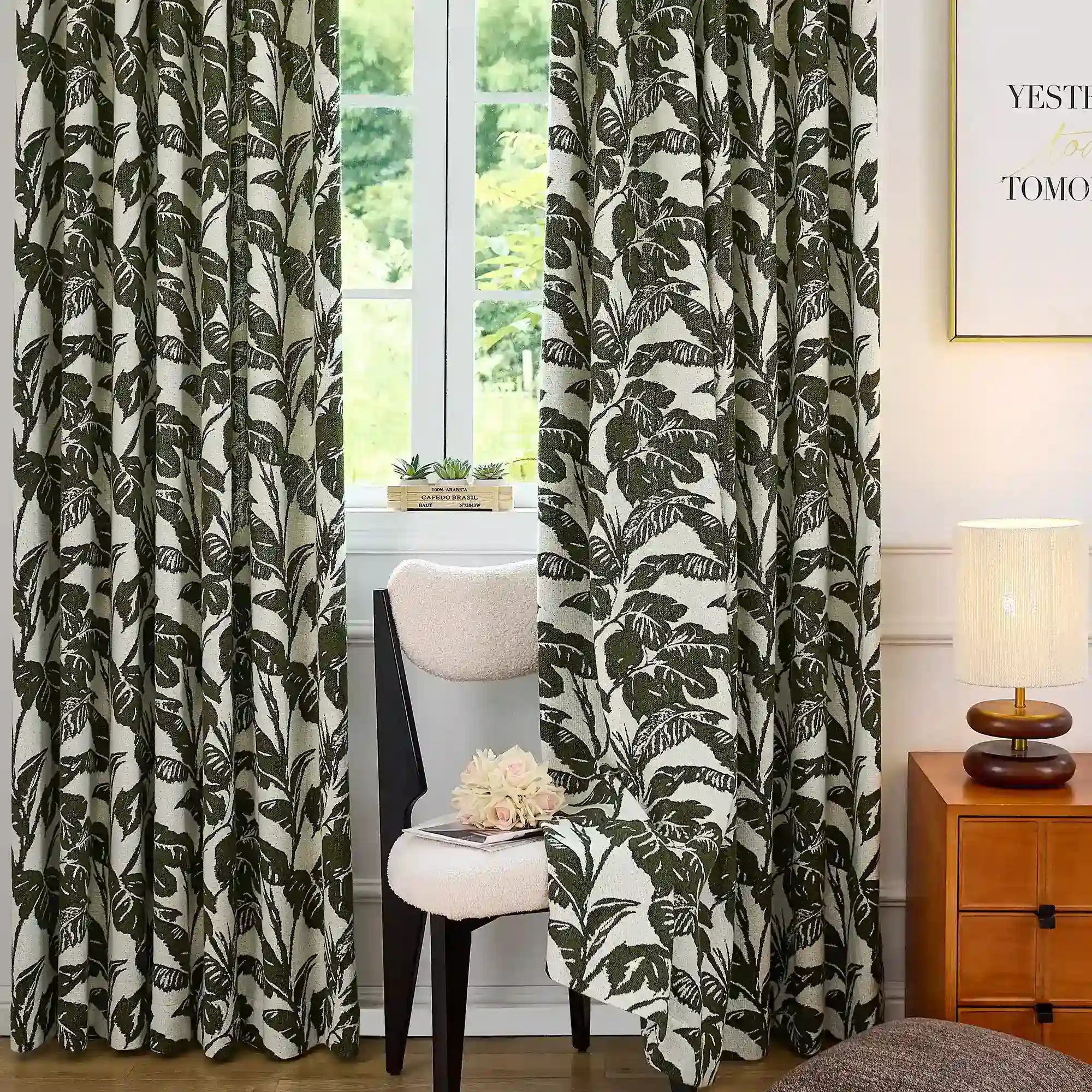 Eirlys Deep Green Tropical Leaves Jacquard Chenille Drapes