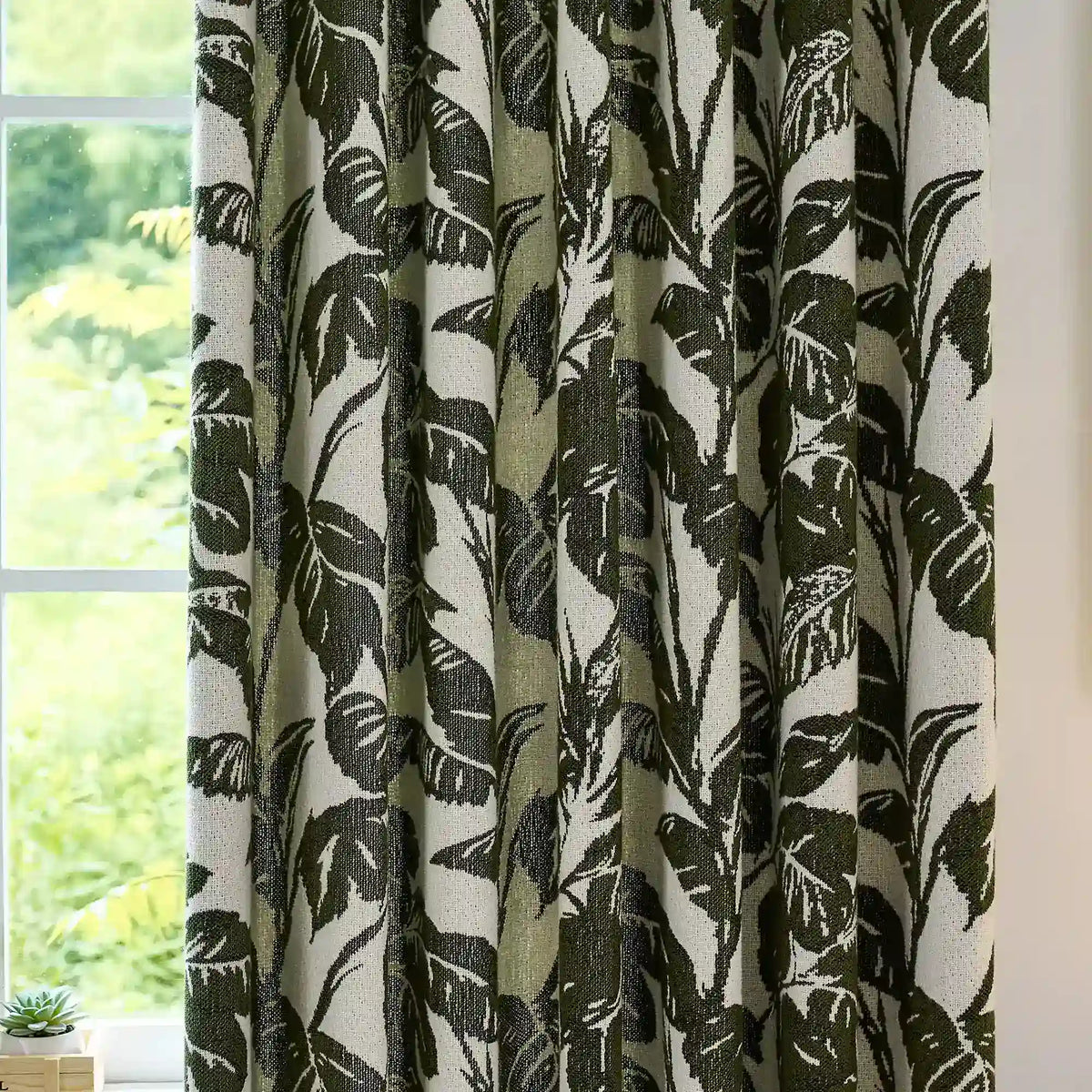 Eirlys Deep Green Tropical Leaves Jacquard Chenille Drapes