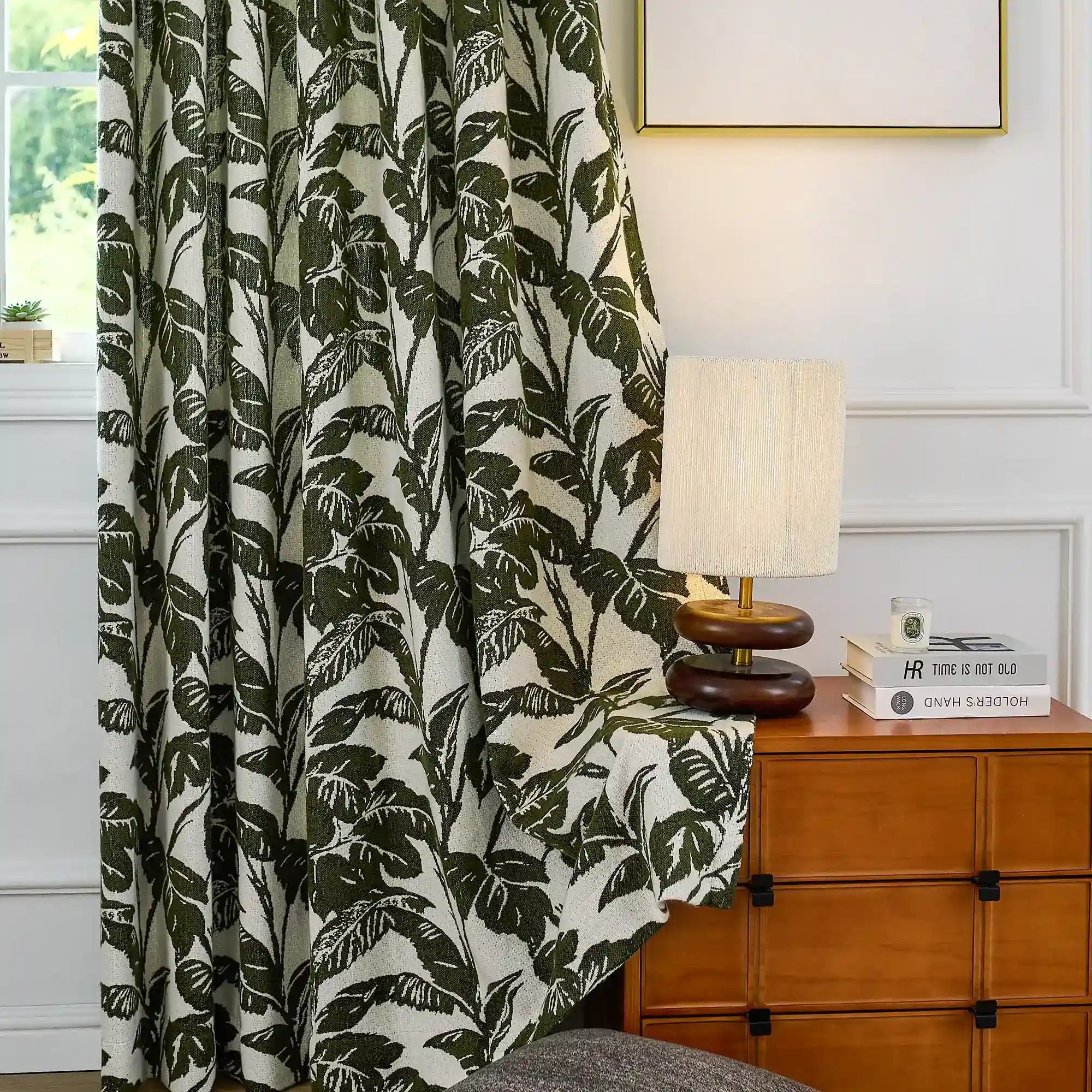 Eirlys Deep Green Tropical Leaves Jacquard Chenille Drapes