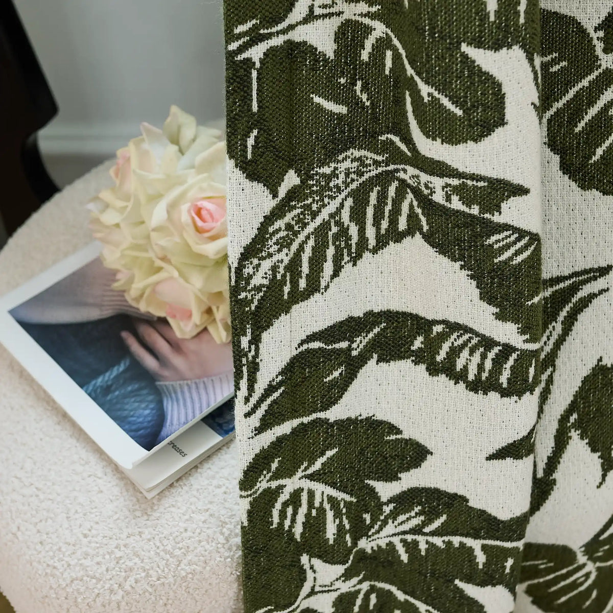 Eirlys Deep Green Tropical Leaves Jacquard Chenille Drapes