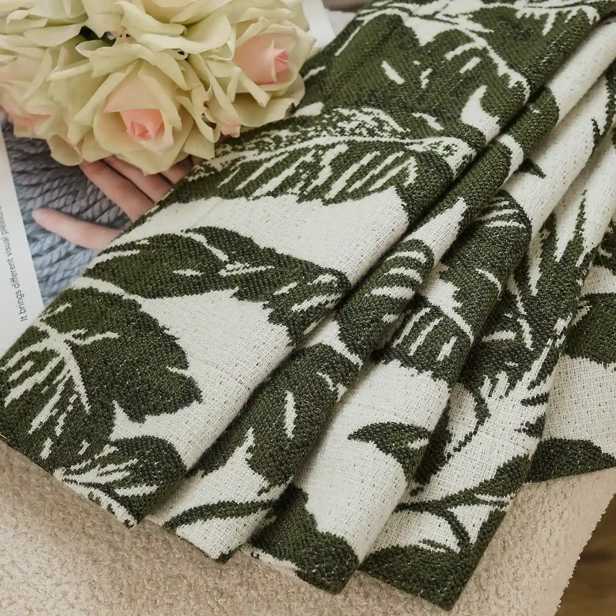 Eirlys Deep Green Tropical Leaves Jacquard Chenille Drapes