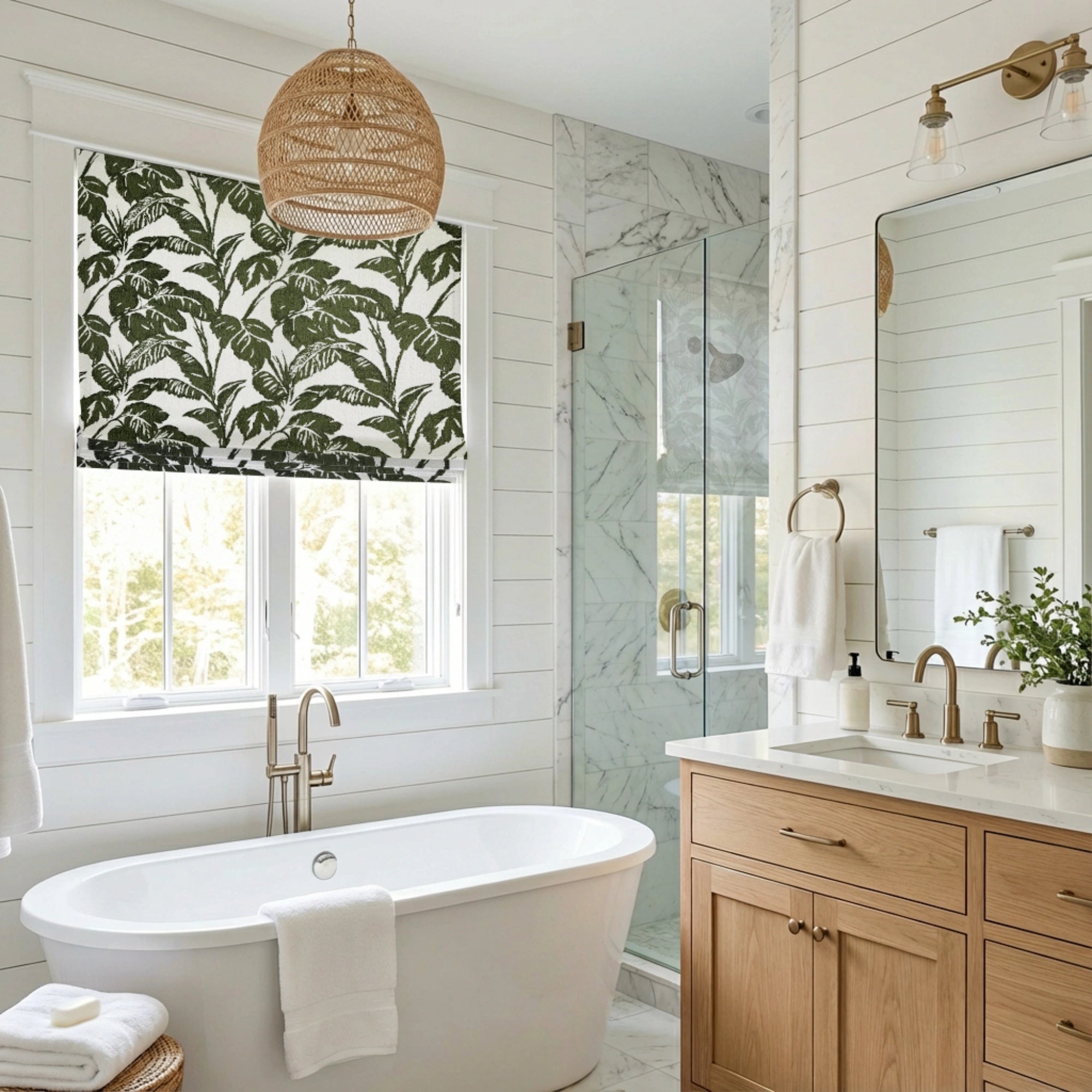 Eirlys Deep Green Tropical Leaves Jacquard Chenille Roman Shades: Image SL24149-2_scene_1 showcases the roman shade with vibrant deep green tropical leaves jacquard design, soft chenille fabric and stylish home scene display.
