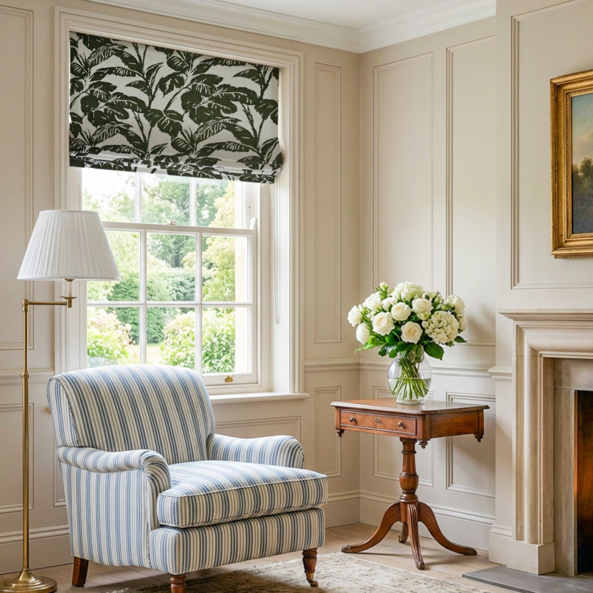 Eirlys Deep Green Tropical Leaves Jacquard Chenille Roman Shades: Image SL24149-2_scene_2 showcases the roman shade with vibrant deep green tropical leaves jacquard design, soft chenille fabric and stylish home scene display.