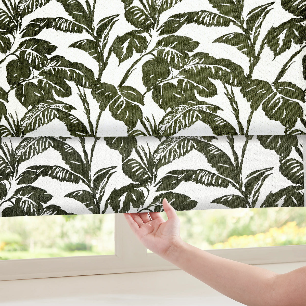 Eirlys Deep Green Tropical Leaves Jacquard Chenille Roman Shades: Image SL24149-2_scene_3 showcases the roman shade with vibrant deep green tropical leaves jacquard design, soft chenille fabric and stylish home scene display.