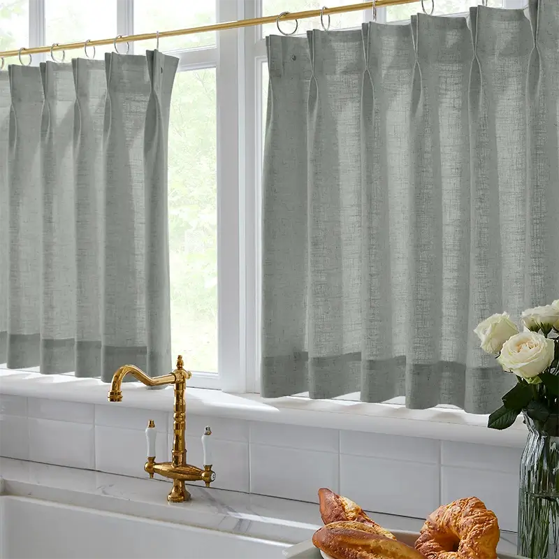 Freshine Elara Linen Pale Pine Green Cafe Curtains for Kitchen & Bathroom