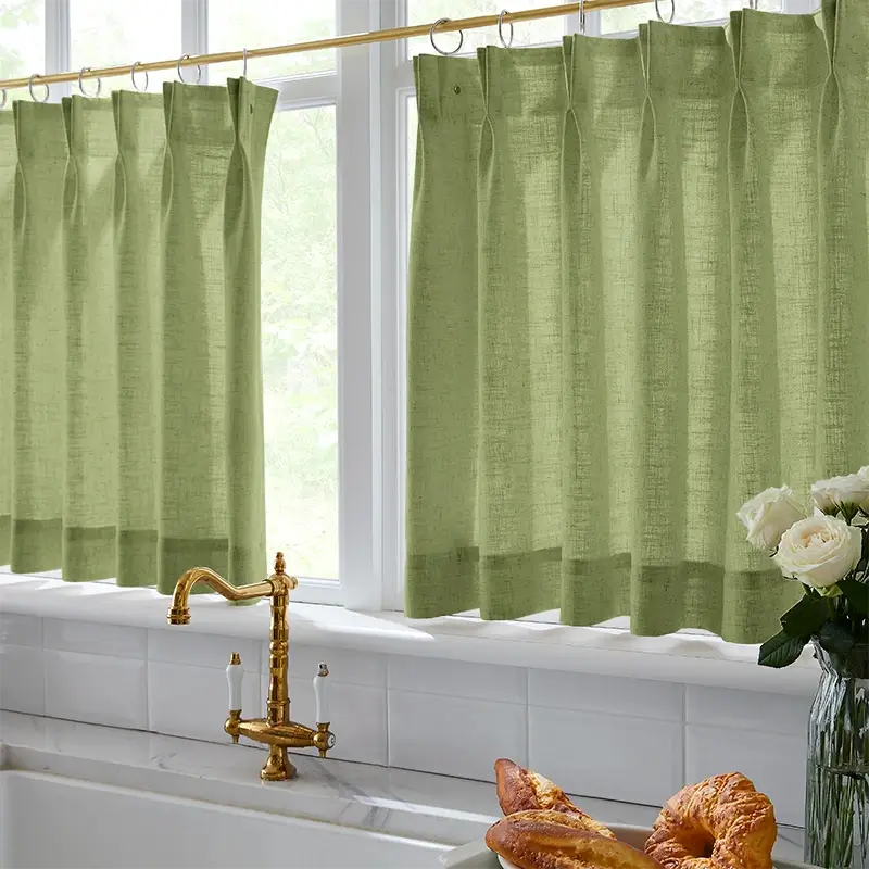 Freshine Elara Linen Olive Green Cafe Curtains for Kitchen & Bathroom