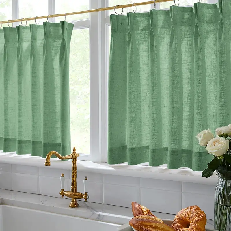 Freshine Elara Linen Grass Green Cafe Curtains for Kitchen & Bathroom