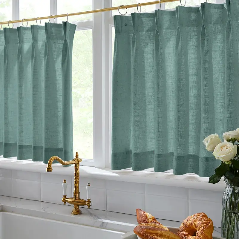 Freshine Elara Linen Blue-Green Gray Cafe Curtains for Kitchen & Bathroom