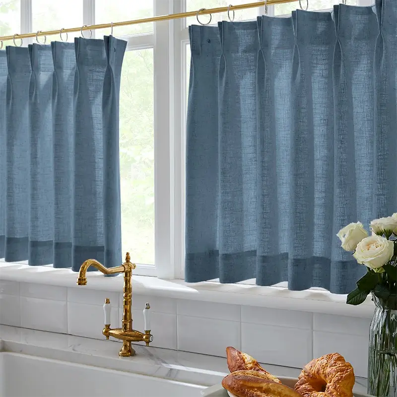 Freshine Elara Linen Denim Blue Cafe Curtains for Kitchen & Bathroom