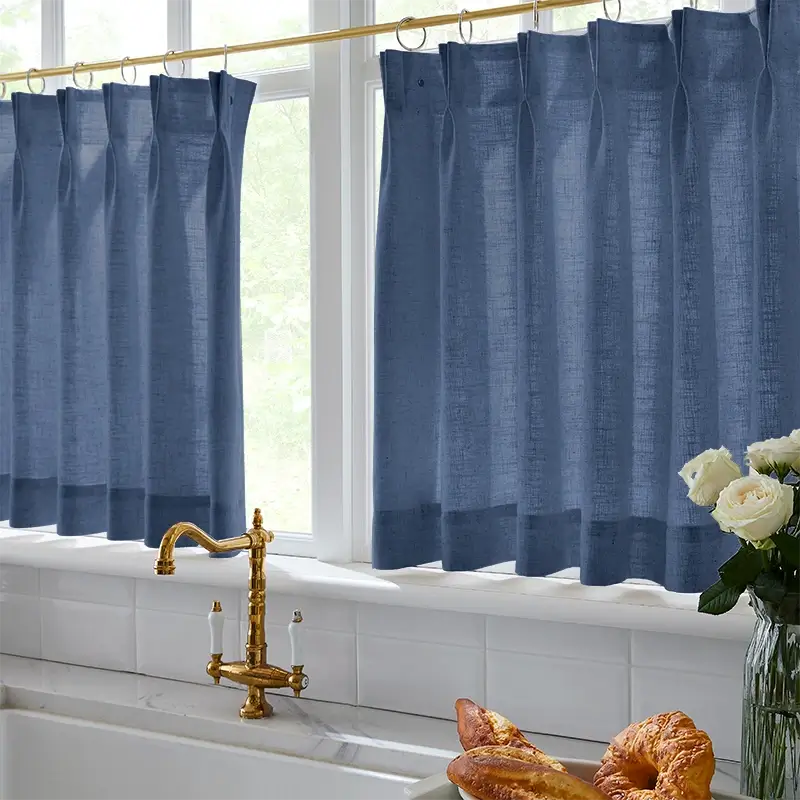 Freshine Elara Linen Navy Blue Cafe Curtains for Kitchen & Bathroom