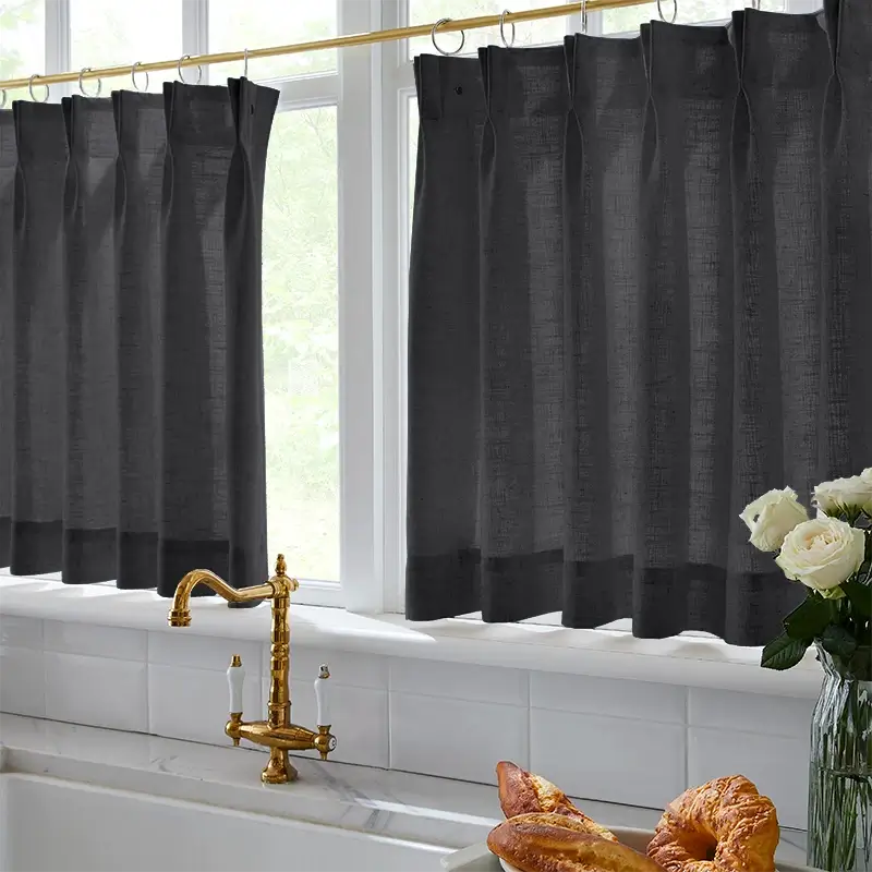 Freshine Elara Linen Jet Black Cafe Curtains for Kitchen & Bathroom