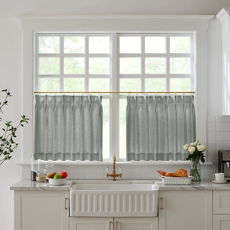 Freshine Elara Linen Pale Pine Green Cafe Curtains for Kitchen & Bathroom