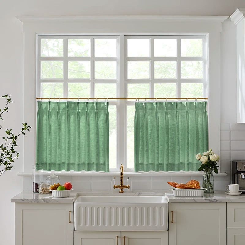 Freshine Elara Linen Grass Green Cafe Curtains for Kitchen & Bathroom