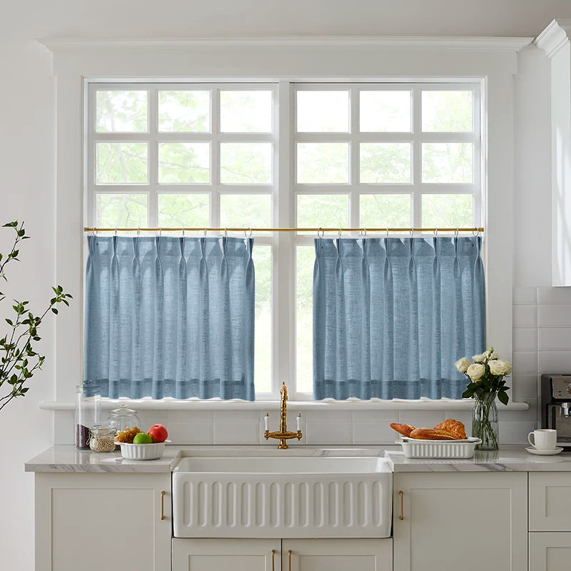 Freshine Elara Linen Denim Blue Cafe Curtains for Kitchen & Bathroom