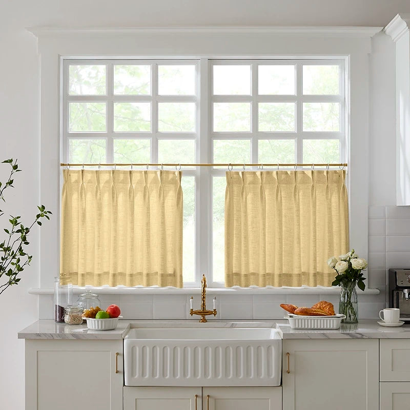 Freshine Elara Linen Ivory Yellow Cafe Curtains for Kitchen & Bathroom